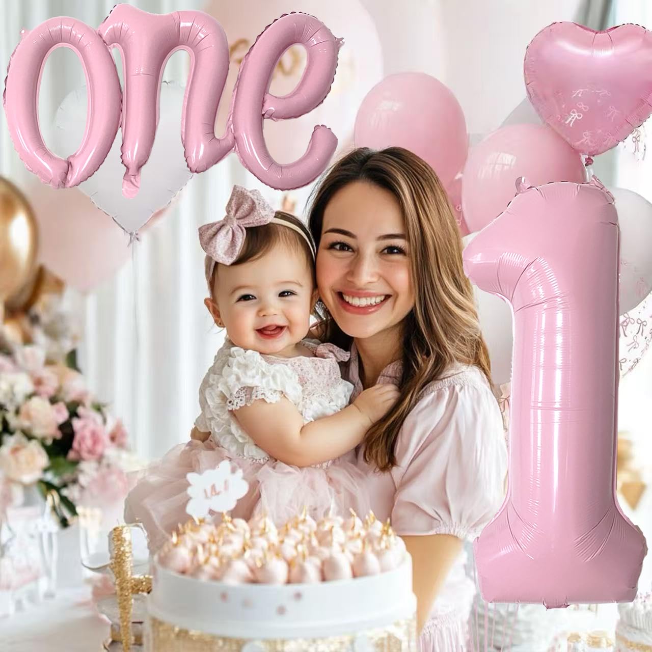WEILINZHOU 40in Matte Pink Number 1 Balloon + 26in Script ONE Banner — 1st Birthday Decorations for Boy or Girl