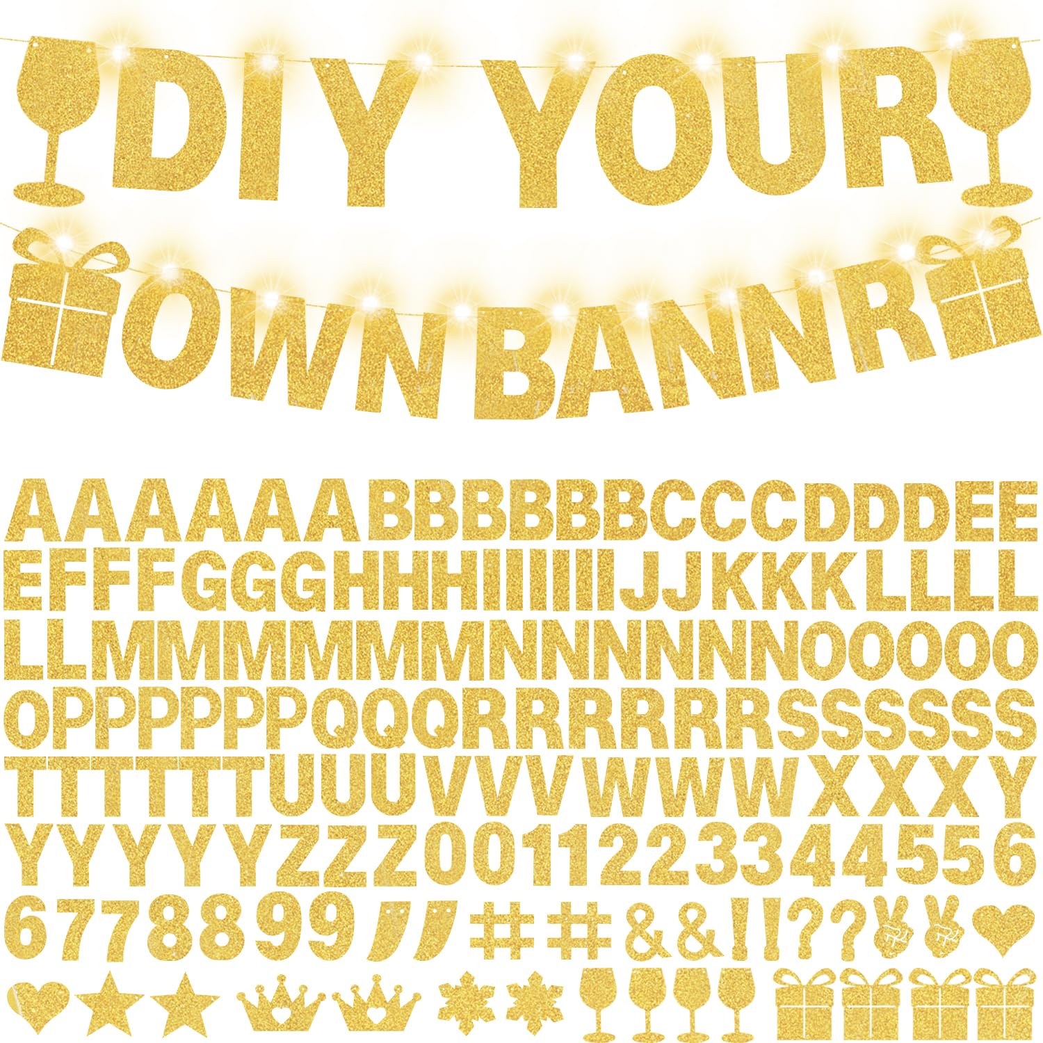 WELITTCON 175-Pcs Glitter Customizable Banner Kit — Birthday & Party Decor (Glitter Gold)