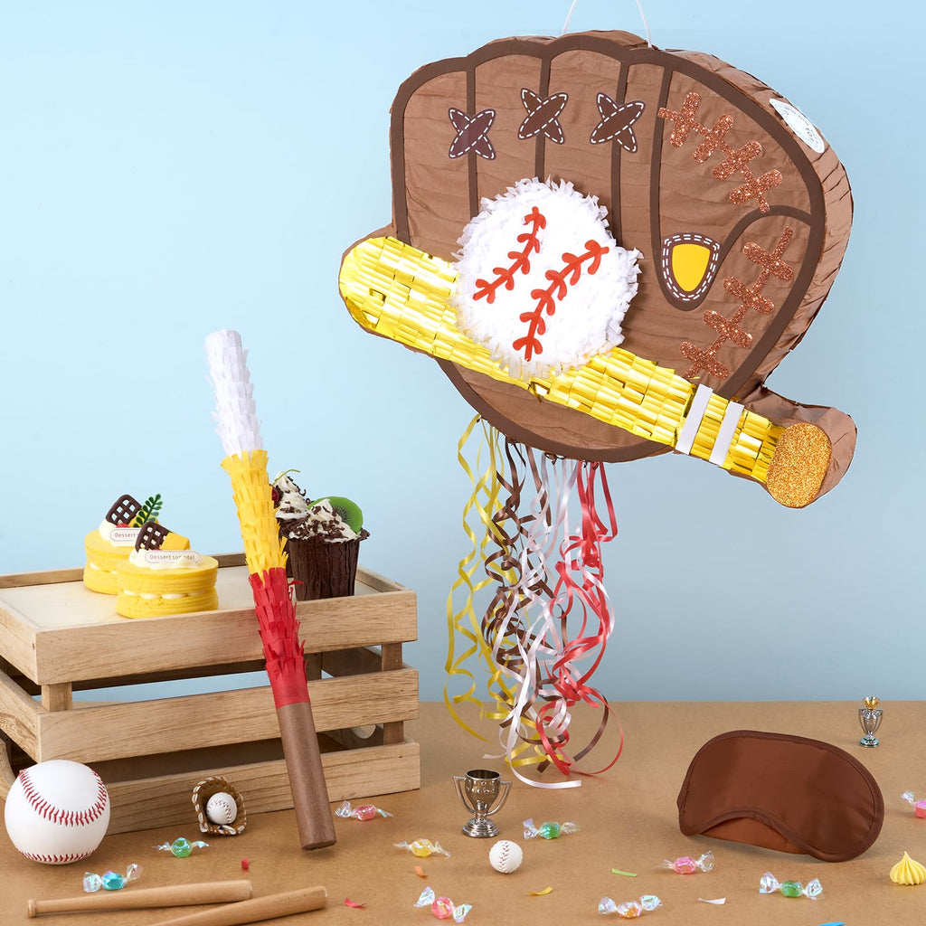 WERNNSAI Baseball Piñata Bundle – Pull-String Piñata with Bat & Blindfold for Kids’ Parties