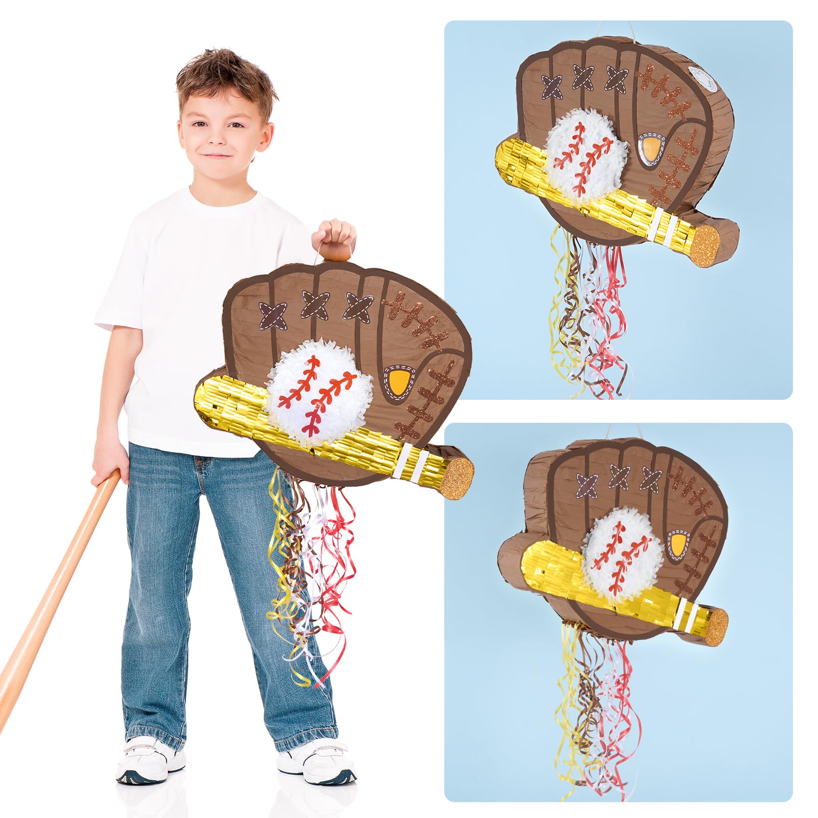 WERNNSAI Baseball Piñata Bundle – Pull-String Piñata with Bat & Blindfold for Kids’ Parties