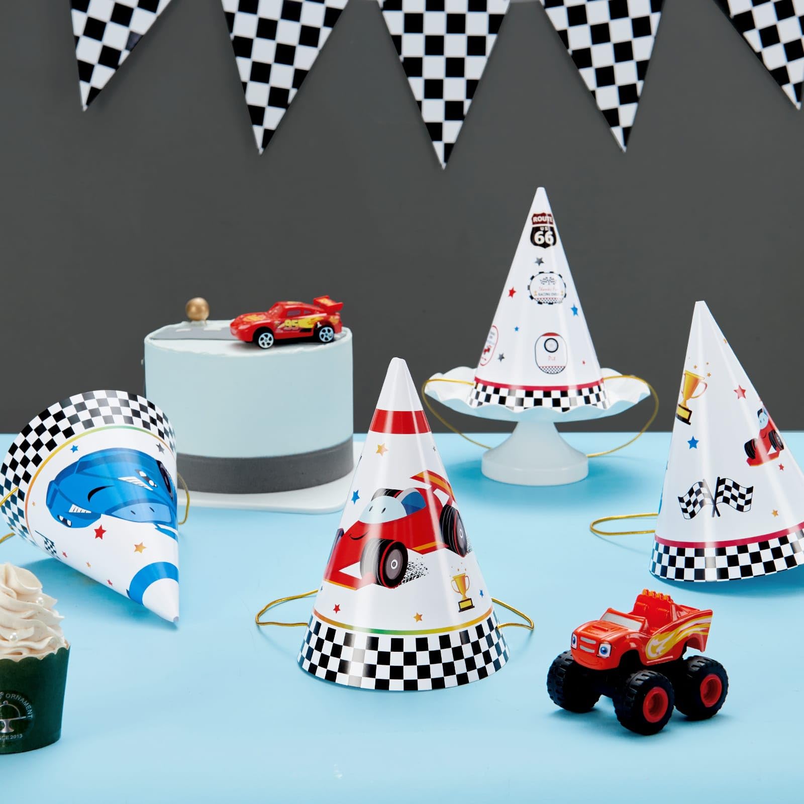 WERNNSAI 12-Pack Race Car Birthday Party Hats for Kids | Cone Headwear & Decorations