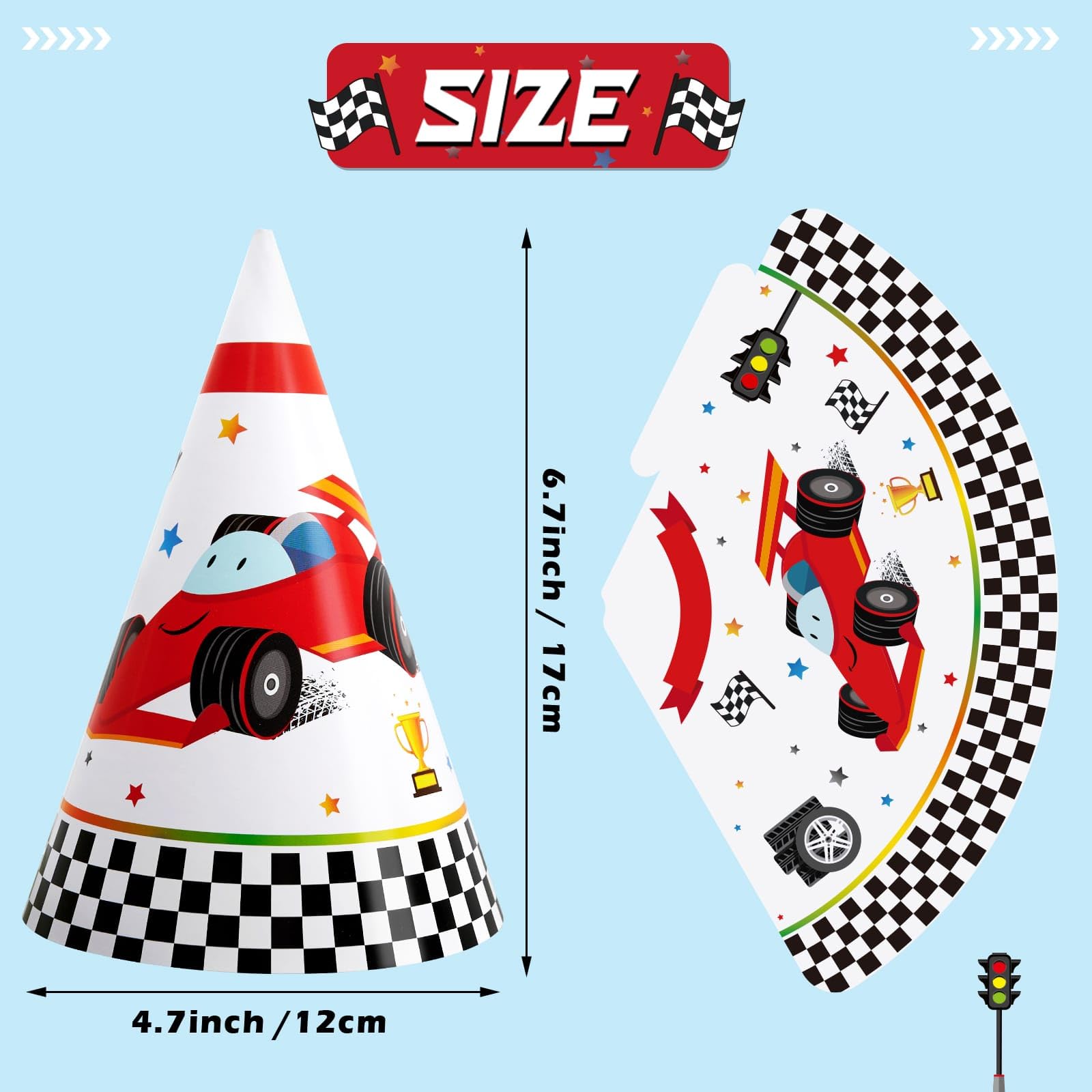 WERNNSAI 12-Pack Race Car Birthday Party Hats for Kids | Cone Headwear & Decorations