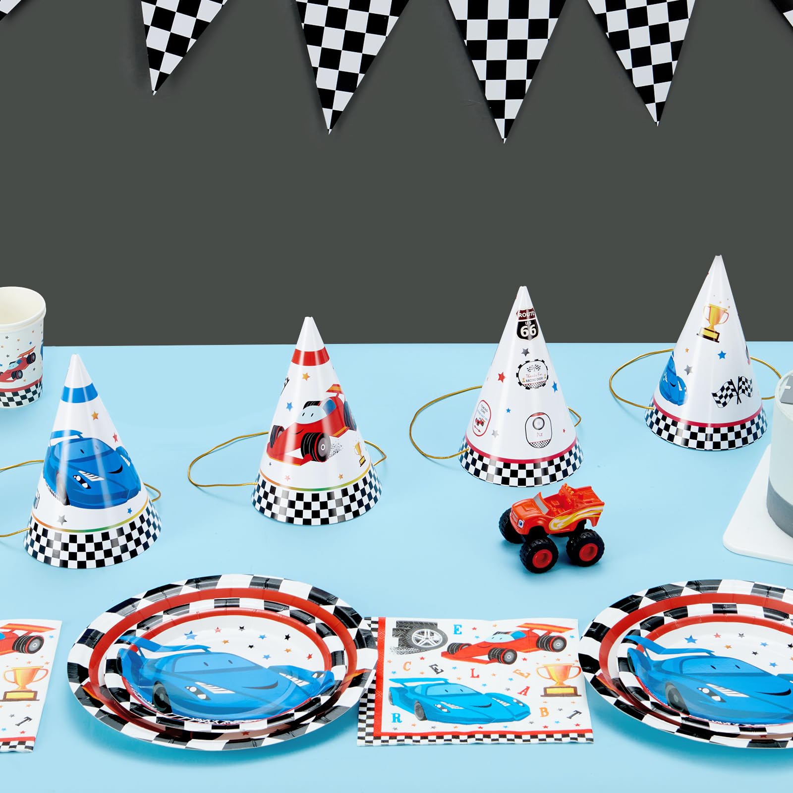 WERNNSAI 12-Pack Race Car Birthday Party Hats for Kids | Cone Headwear & Decorations