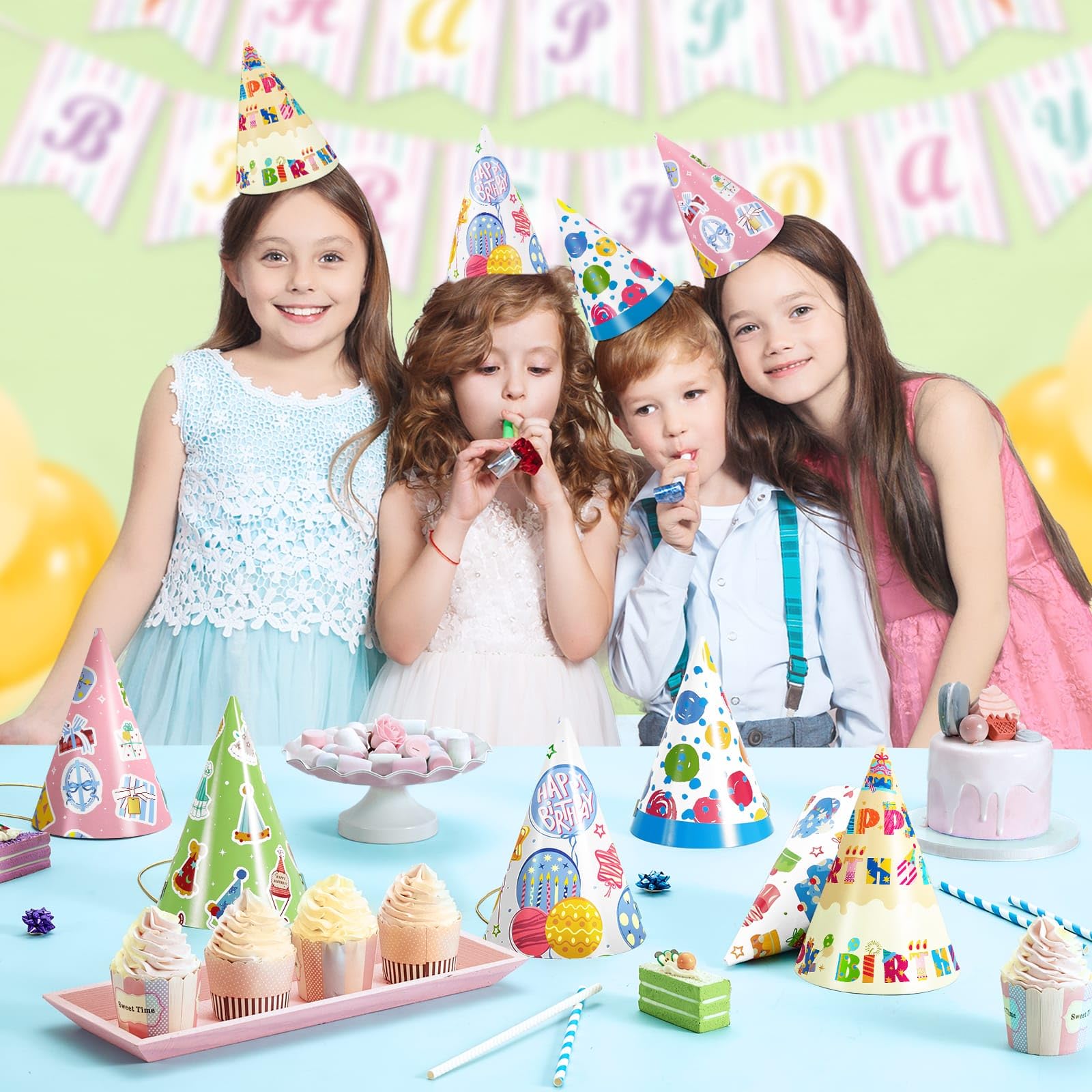 WERNNSAI 12 Pcs Birthday Party Hats | Colorful Polka Dot Headwear with Elastic String