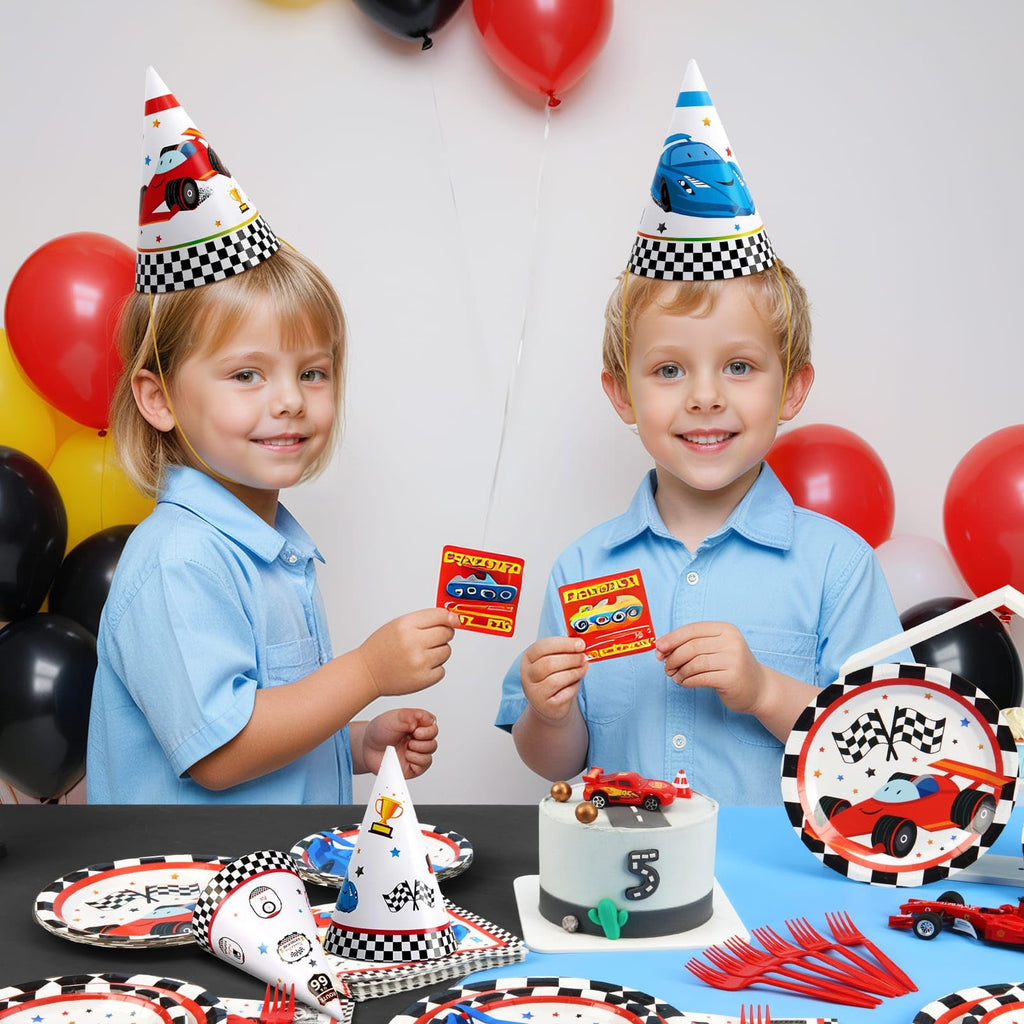 WERNNSAI 12-Pack Race Car Birthday Party Hats for Kids | Cone Headwear & Decorations