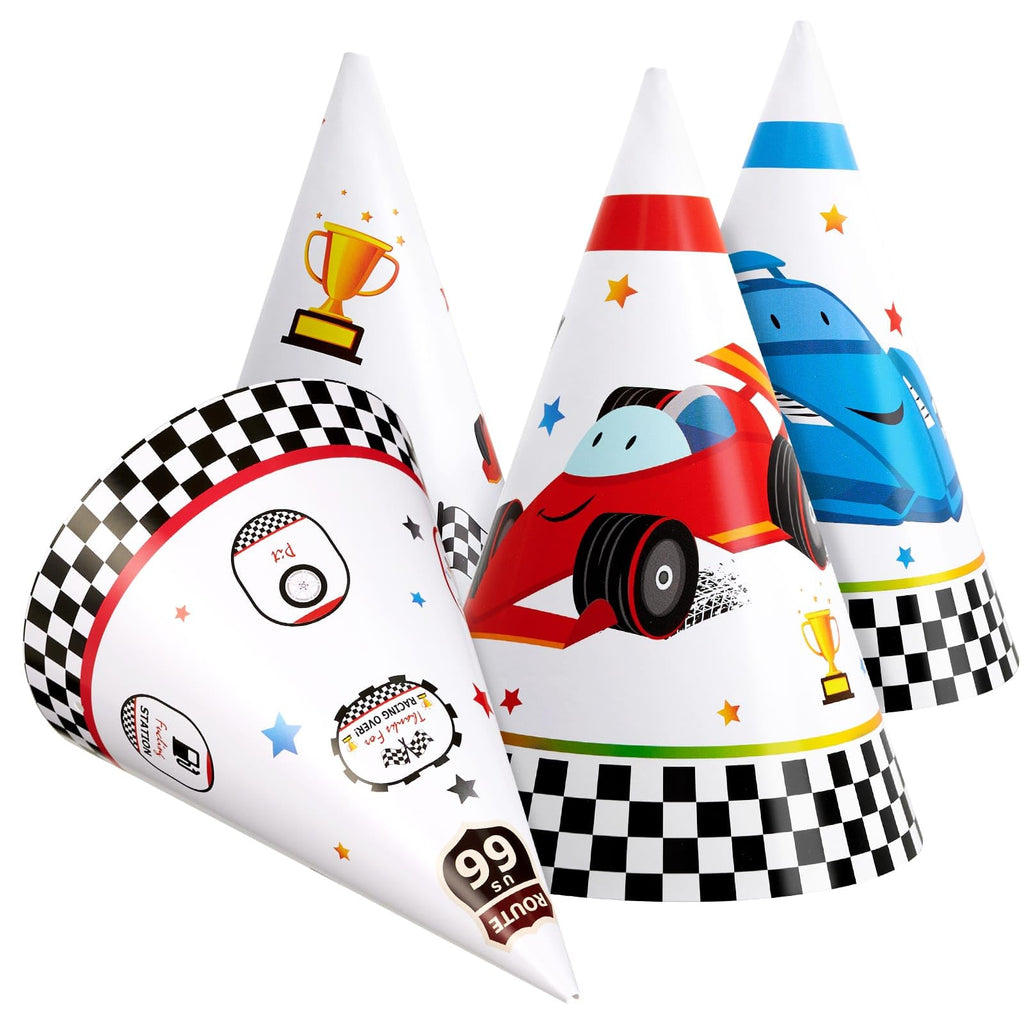 WERNNSAI 12-Pack Race Car Birthday Party Hats for Kids | Cone Headwear & Decorations