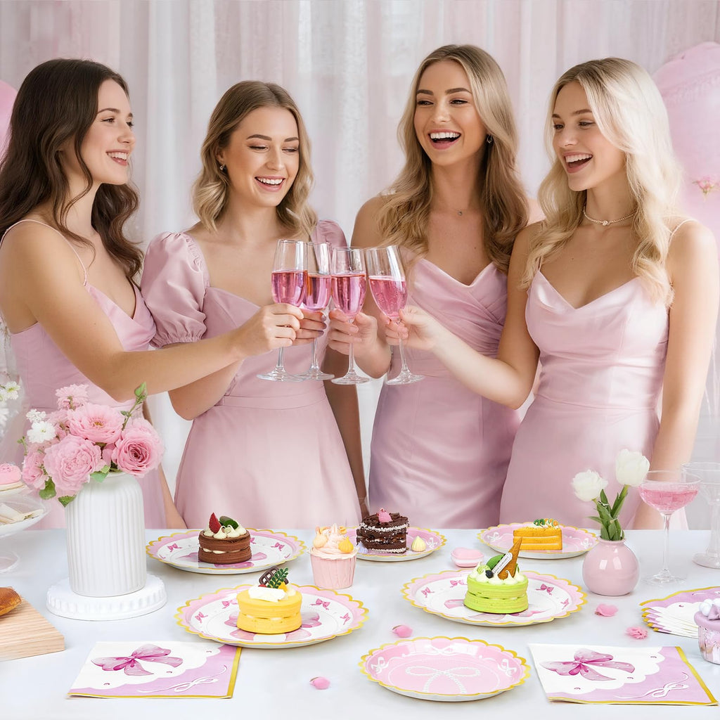 WERNNSAI Pink Bow Birthday Decorations – 48-Piece Plates & Napkins for 16