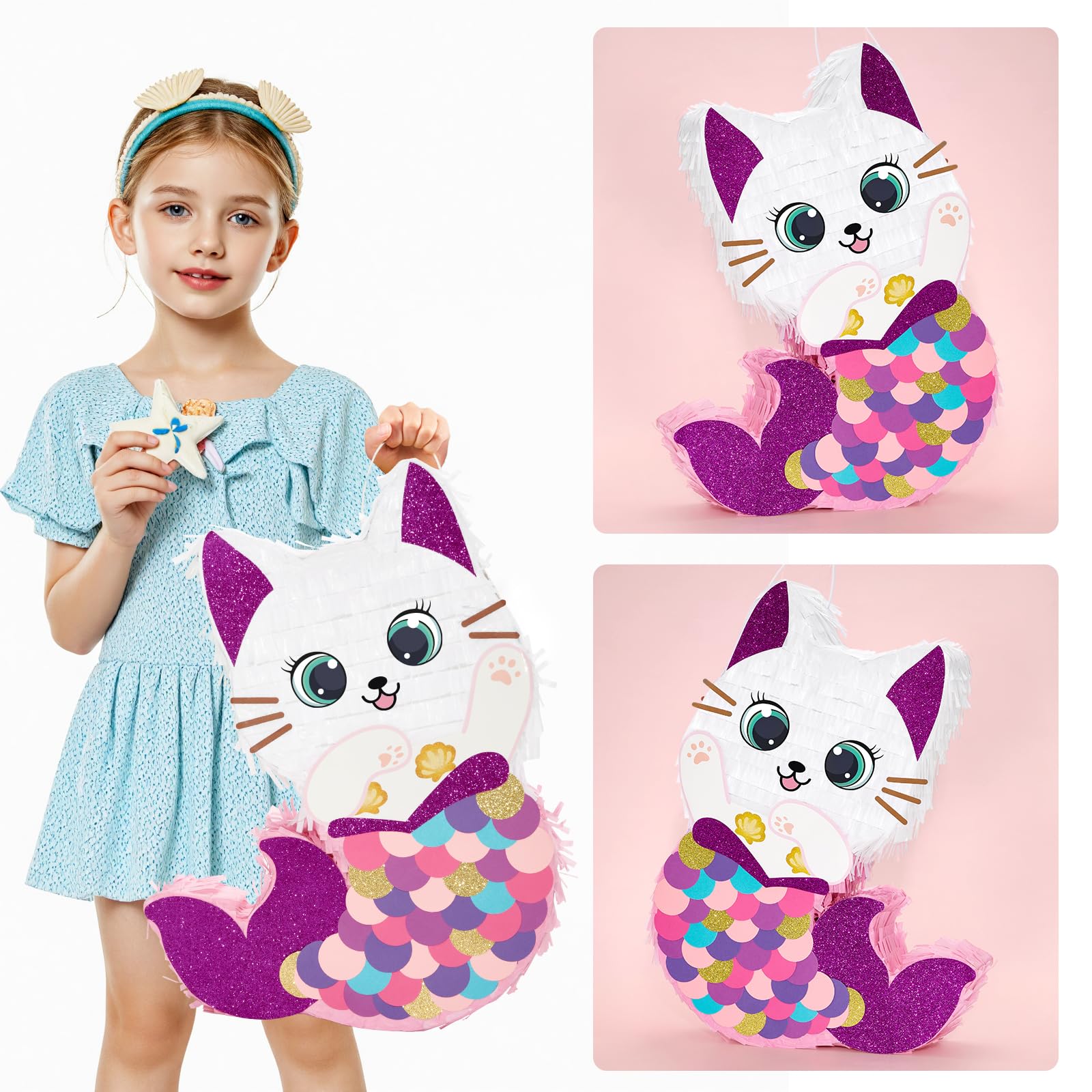 WERNNSAI Cat Piñata — Kitten Mermaid Birthday Party Decorations & Fun Game Set