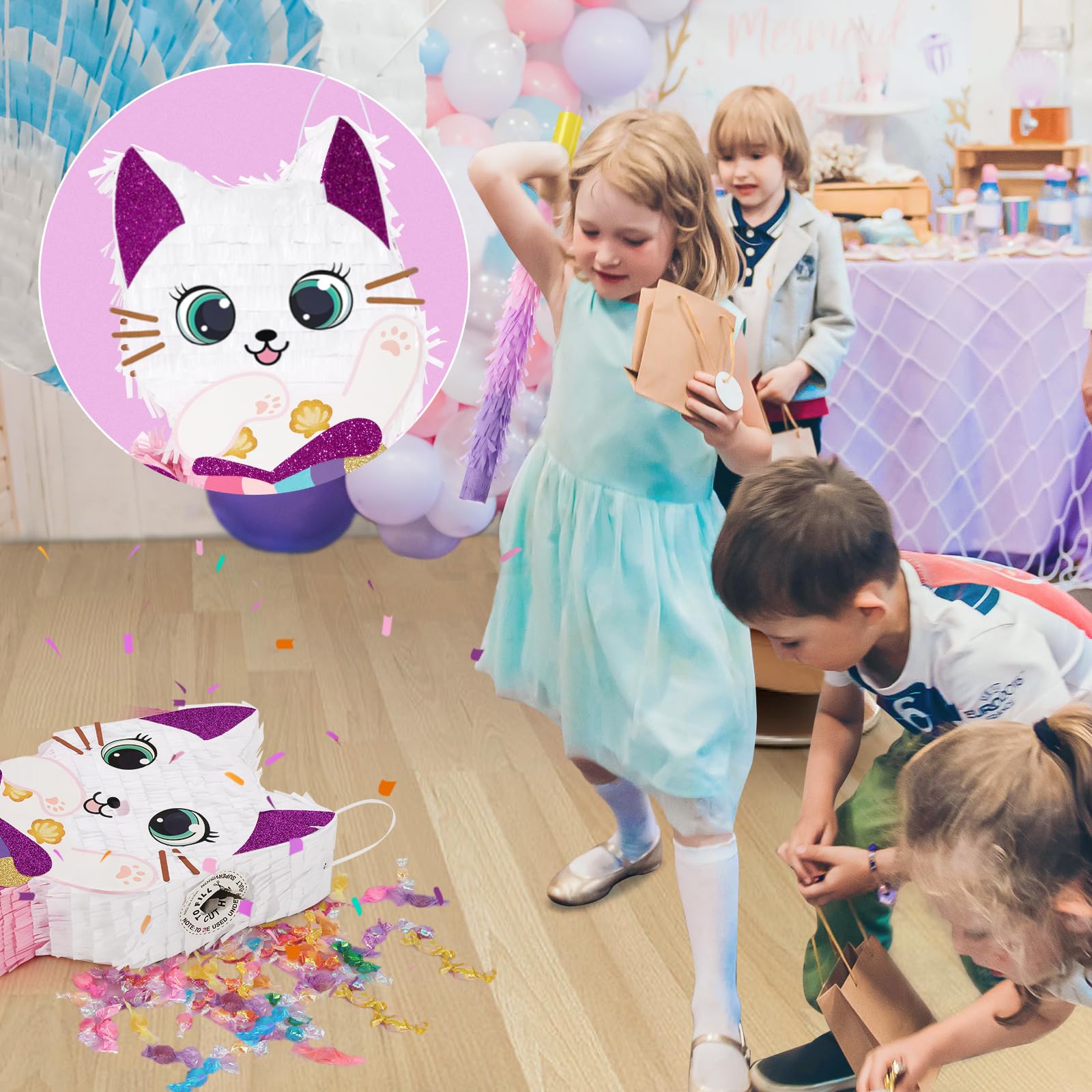 WERNNSAI Cat Piñata — Kitten Mermaid Birthday Party Decorations & Fun Game Set