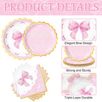 WERNNSAI Pink Bow Birthday Decorations – 48-Piece Plates & Napkins for 16