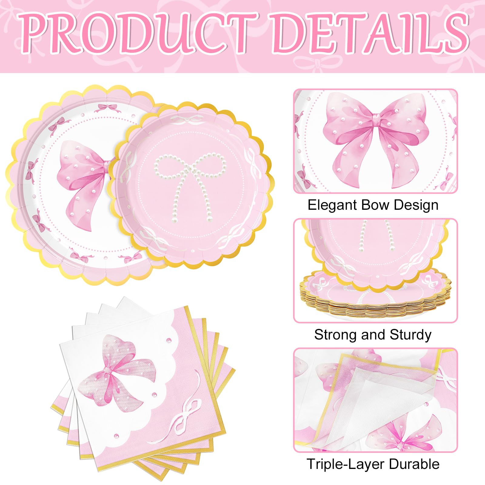 WERNNSAI Pink Bow Birthday Decorations – 48-Piece Plates & Napkins for 16