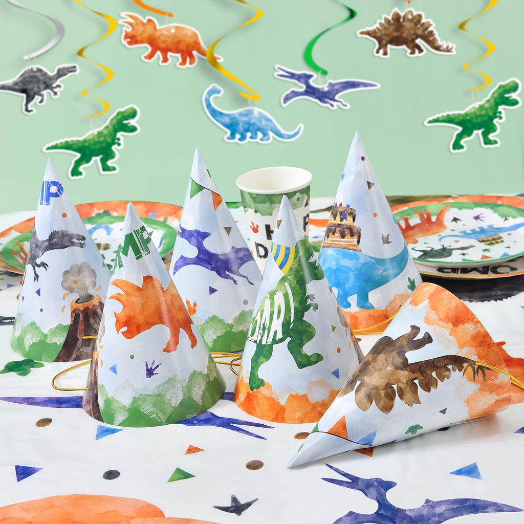 WERNNSAI 12-Pc Watercolor Dinosaur Party Hats for Kids Birthday Parties