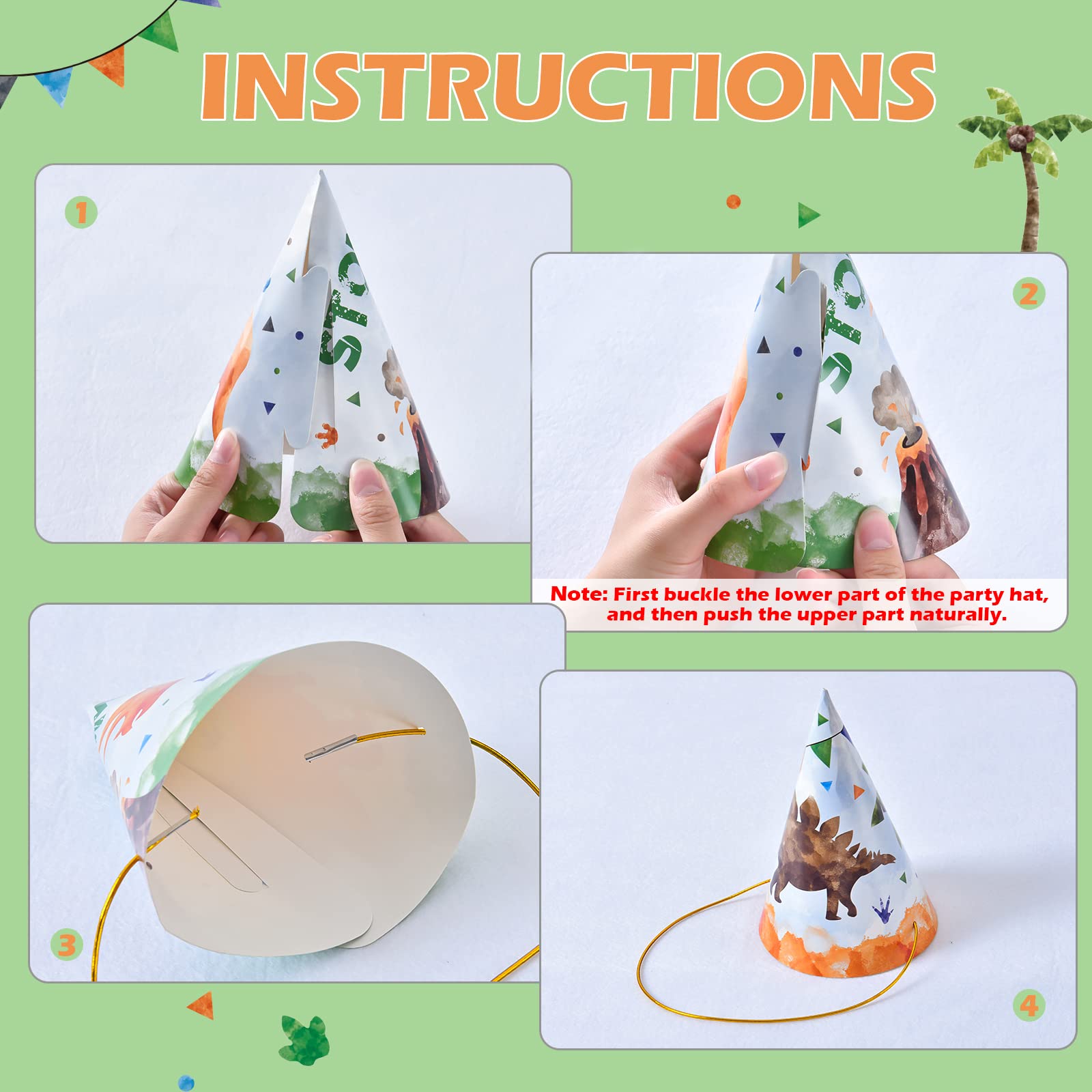 WERNNSAI 12-Pc Watercolor Dinosaur Party Hats for Kids Birthday Parties