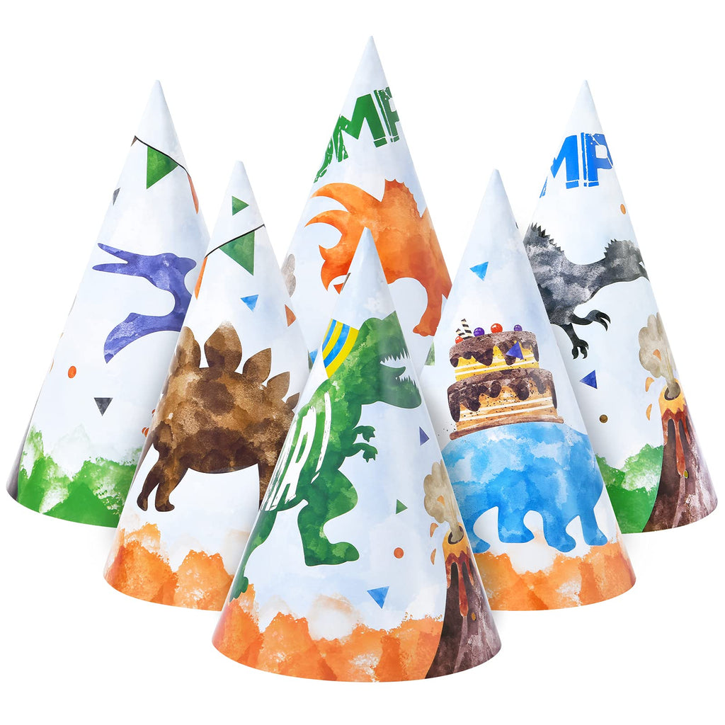 WERNNSAI 12-Pc Watercolor Dinosaur Party Hats for Kids Birthday Parties