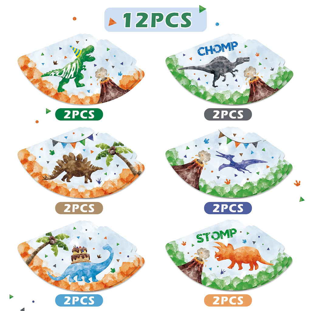 WERNNSAI 12-Pc Watercolor Dinosaur Party Hats for Kids Birthday Parties