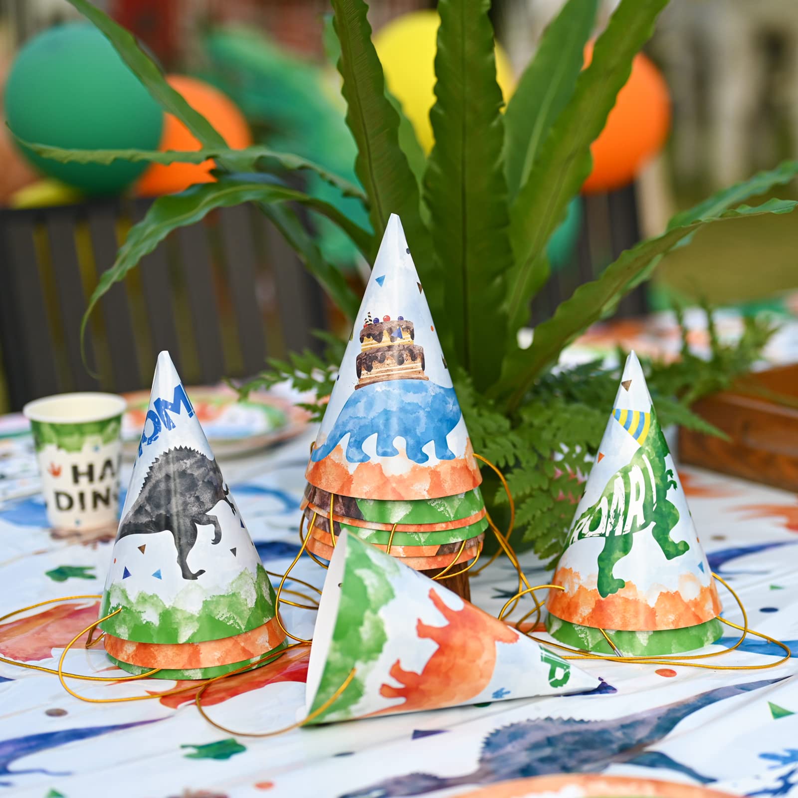 WERNNSAI 12-Pc Watercolor Dinosaur Party Hats for Kids Birthday Parties