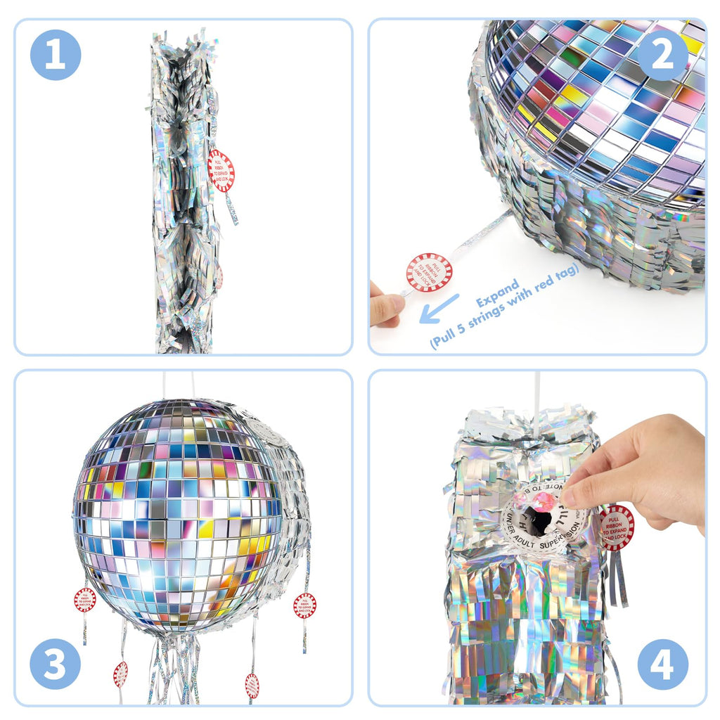 WERNNSAI Disco Ball Pinata – Mirror Pinata for Disco Parties with Pull String, Bat & Eye Mask