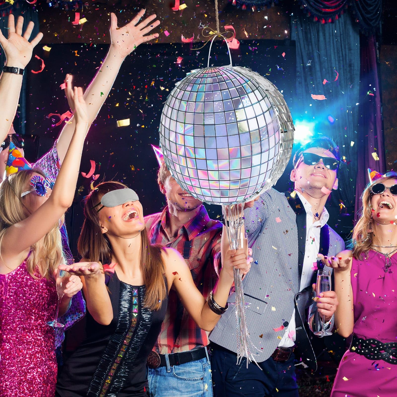 WERNNSAI Disco Ball Pinata - Hanging Disco Party Decor for Adults, Pull String and Bat Included, 12.2" x 12.2"