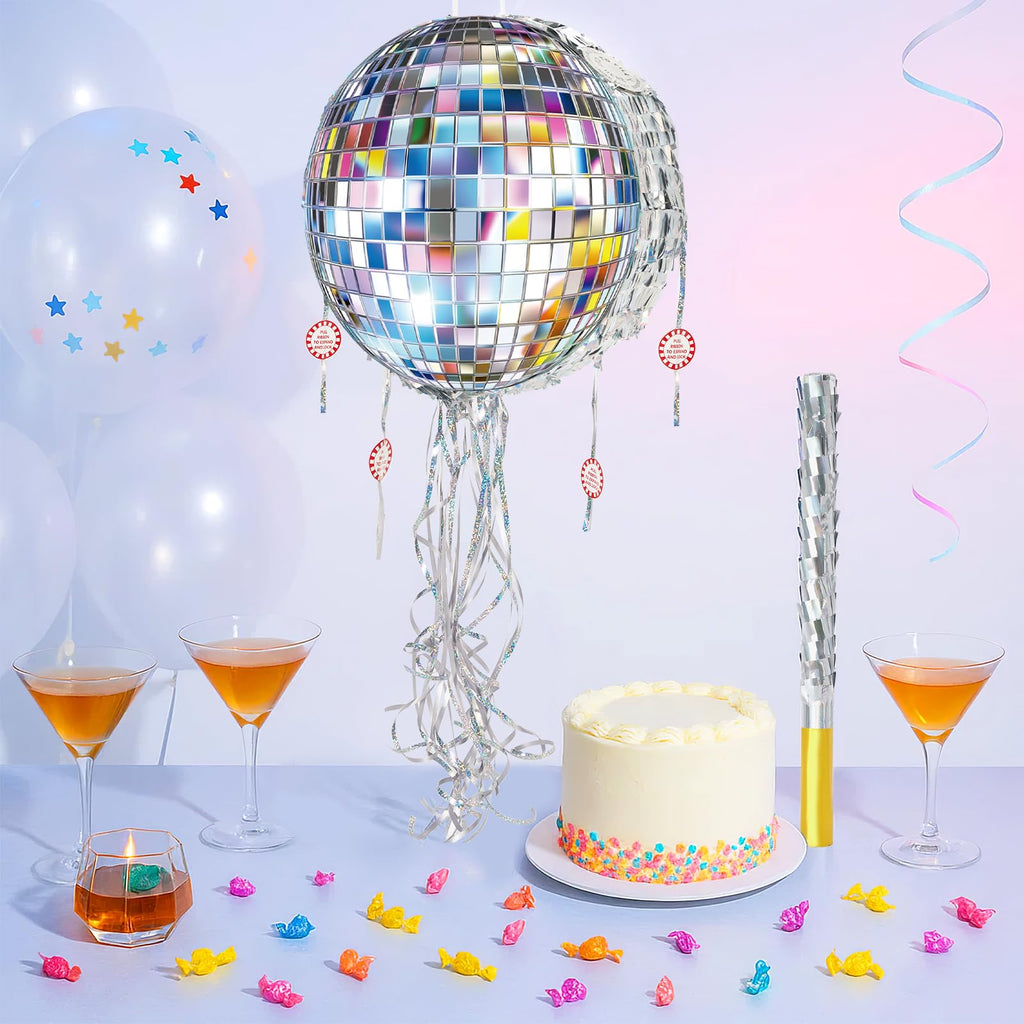 WERNNSAI Disco Ball Pinata – Mirror Pinata for Disco Parties with Pull String, Bat & Eye Mask