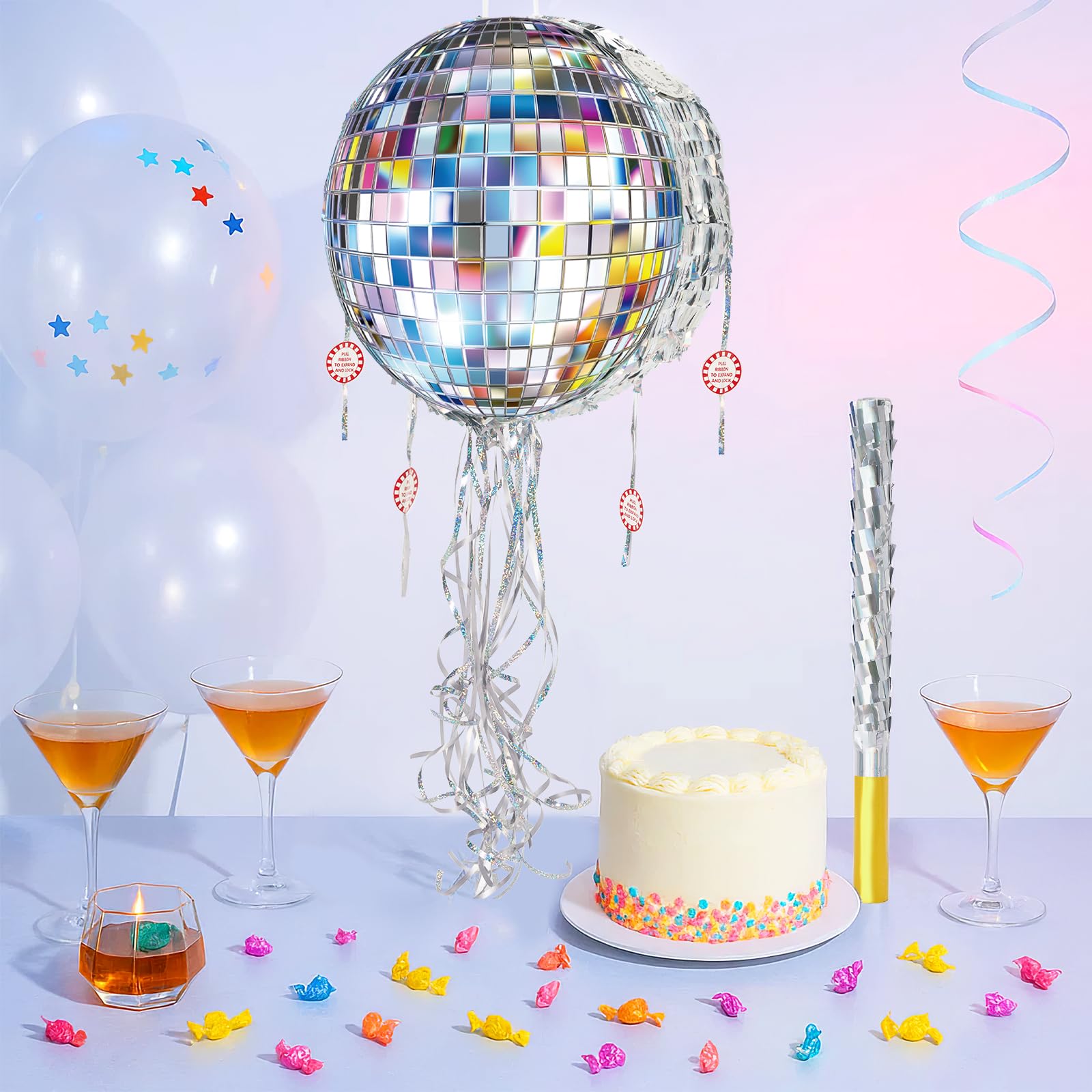 WERNNSAI Disco Ball Pinata – Mirror Pinata for Disco Parties with Pull String, Bat & Eye Mask