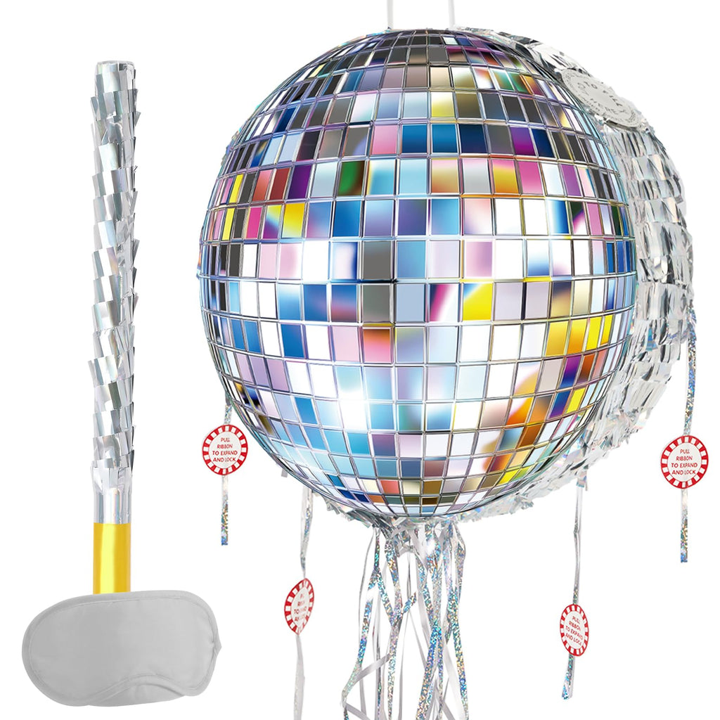 WERNNSAI Disco Ball Pinata – Mirror Pinata for Disco Parties with Pull String, Bat & Eye Mask