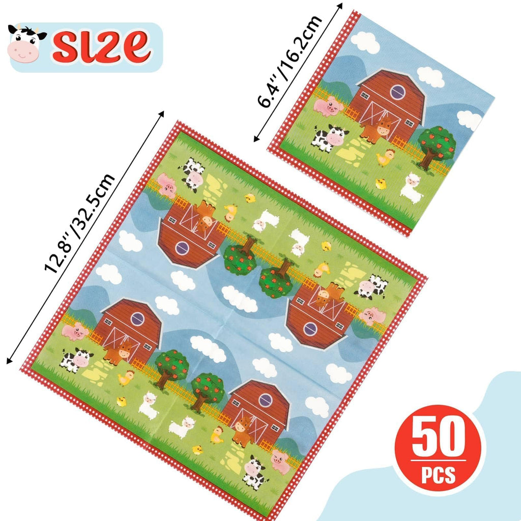 WERNNSAI Farm Birthday Decorations – 50 Pack 3-Ply Farm Animal Napkins, 13x13 Inches