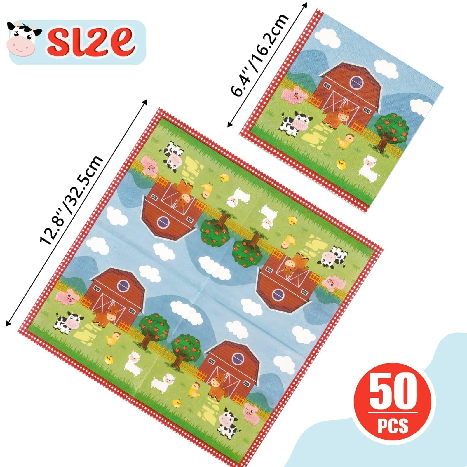 WERNNSAI Farm Birthday Decorations – 50 Pack 3-Ply Farm Animal Napkins, 13x13 Inches