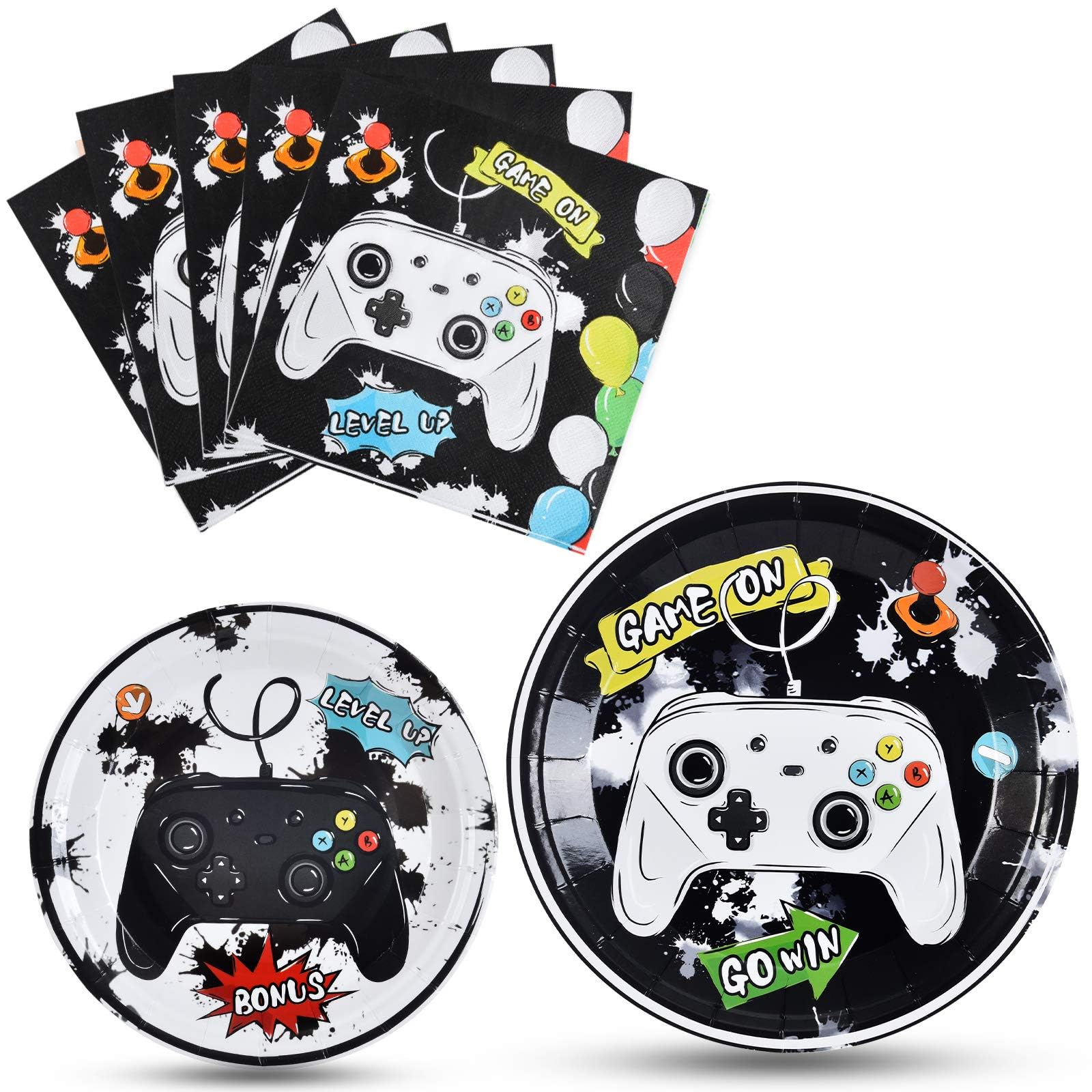 WERNNSAI Game Birthday Decorations – 48 PCS Plates & Napkins for Gamer Party