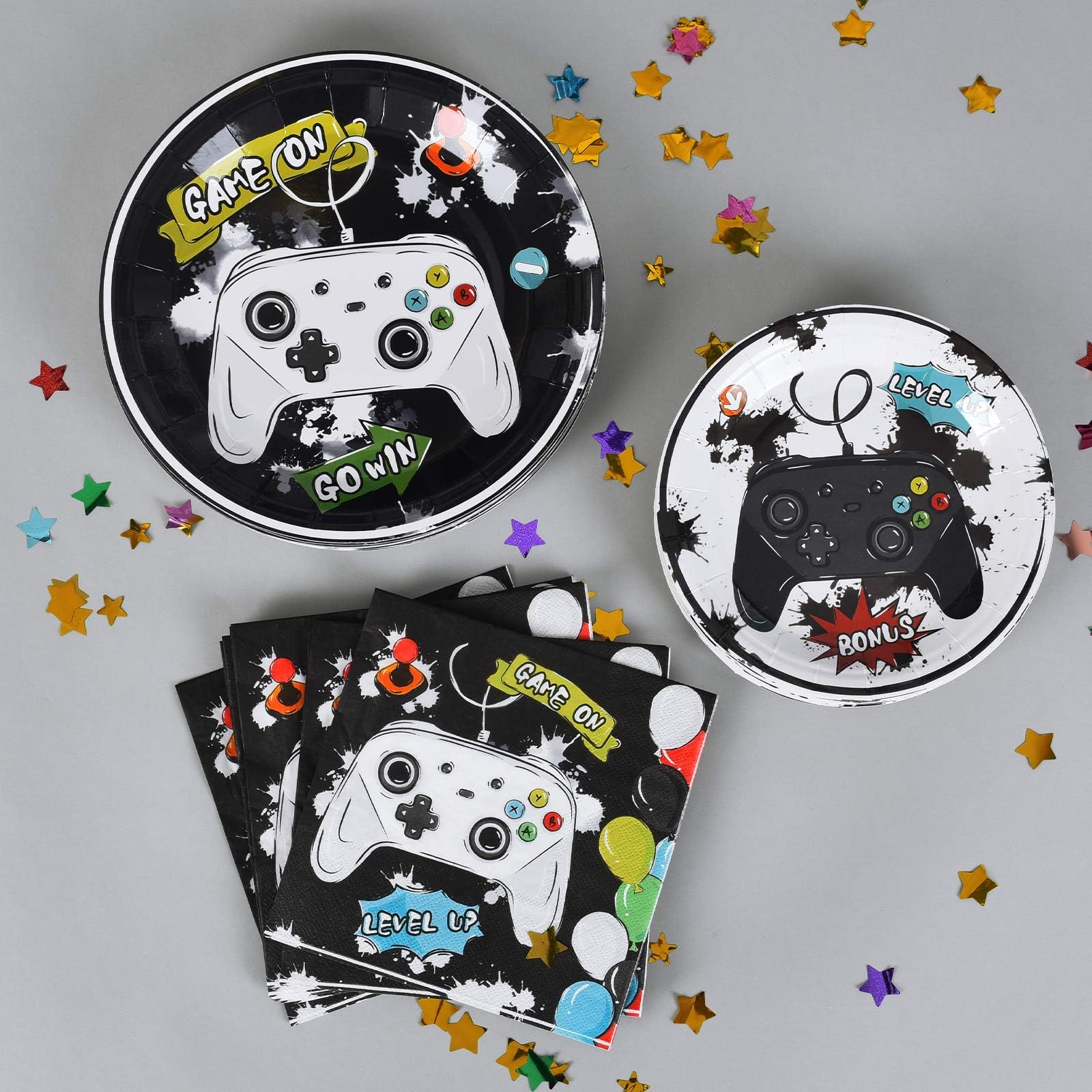 WERNNSAI Game Birthday Decorations – 48 PCS Plates & Napkins for Gamer Party