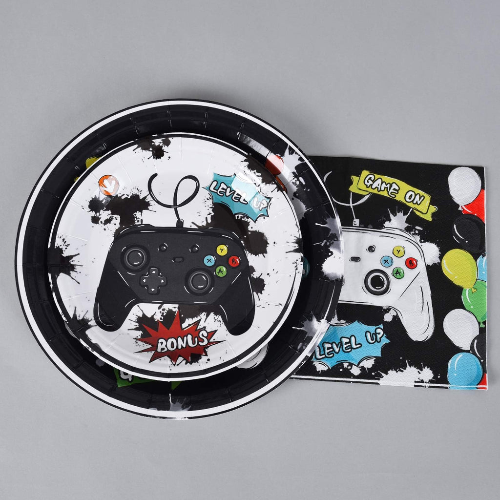 WERNNSAI Game Birthday Decorations – 48 PCS Plates & Napkins for Gamer Party