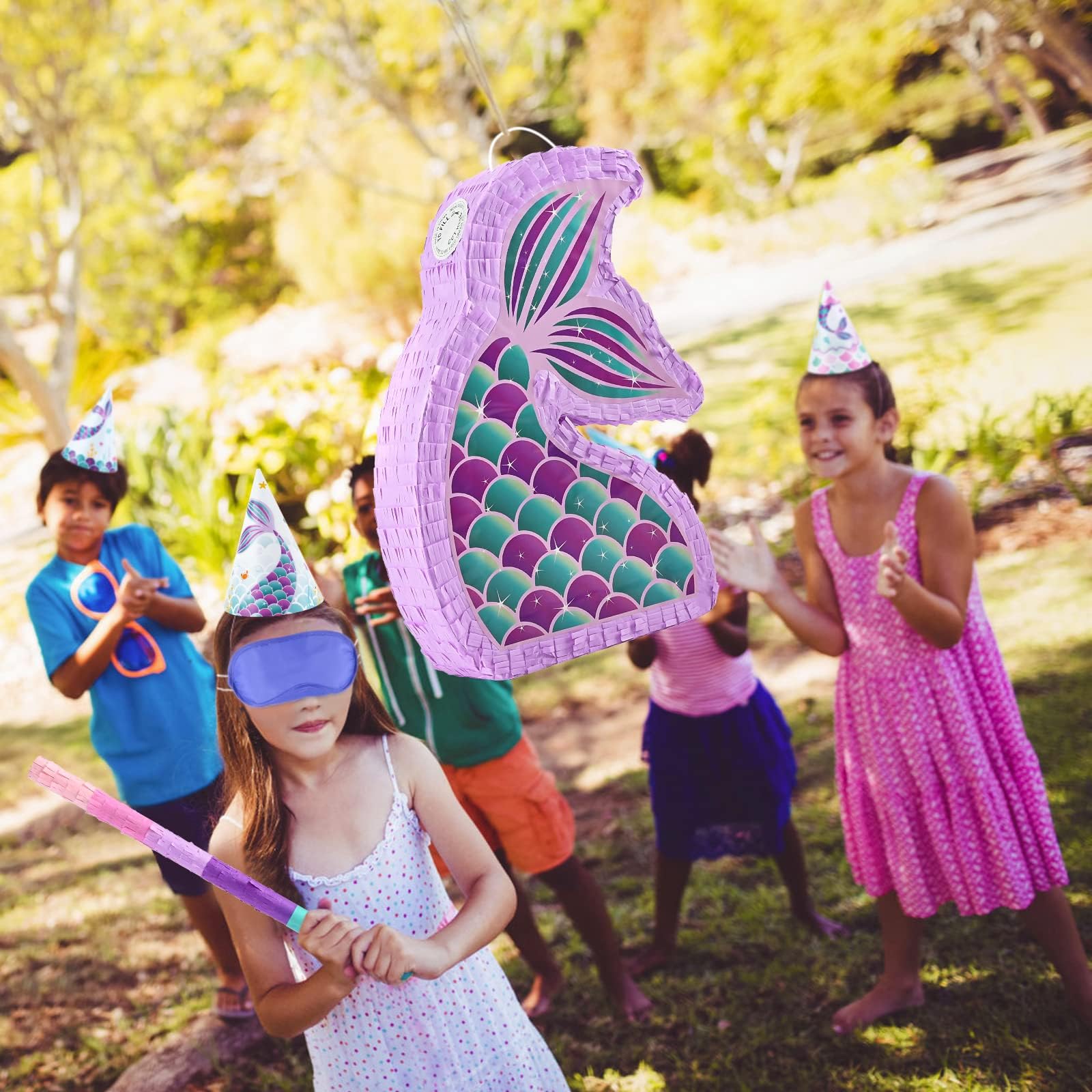 WERNNSAI Mermaid Piñata Bundle – Mermaid Party Supplies with Blindfold & Bat (16.7in x 12.2in x 3.1in)