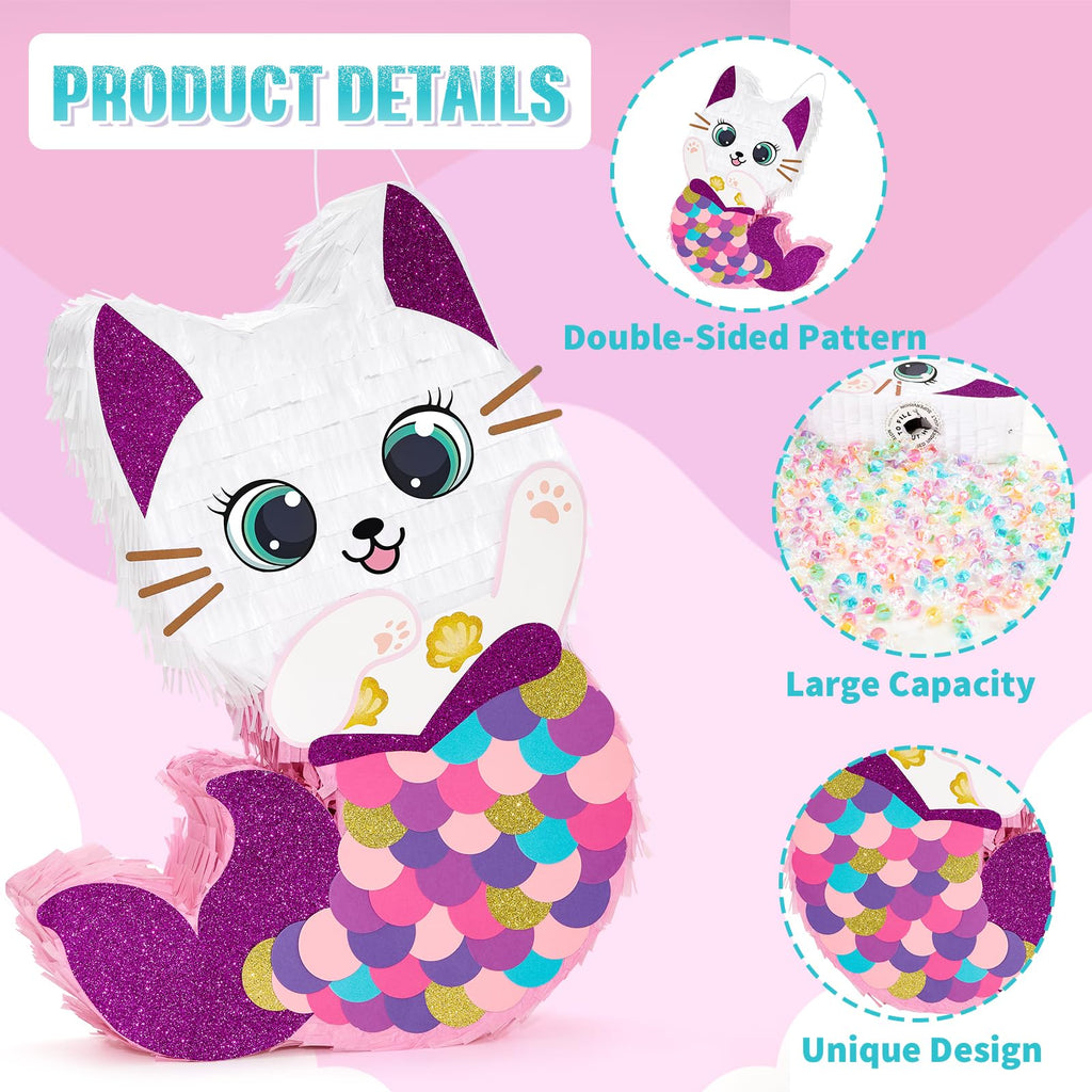 WERNNSAI Cat Piñata — Kitten Mermaid Birthday Party Decorations & Fun Game Set