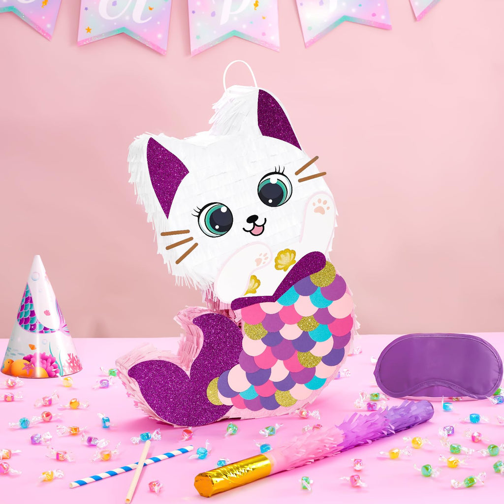 WERNNSAI Cat Piñata — Kitten Mermaid Birthday Party Decorations & Fun Game Set