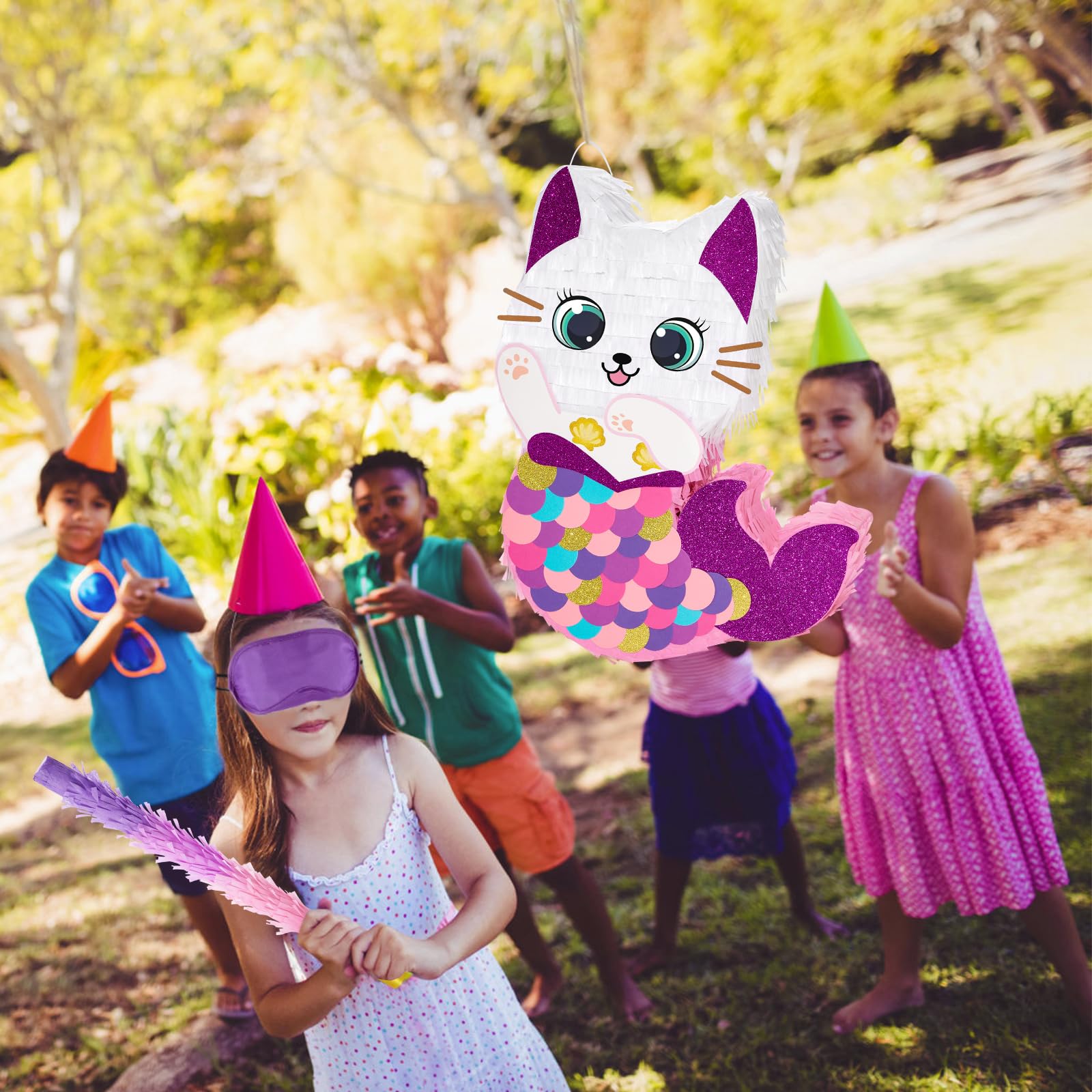 WERNNSAI Cat Piñata — Kitten Mermaid Birthday Party Decorations & Fun Game Set