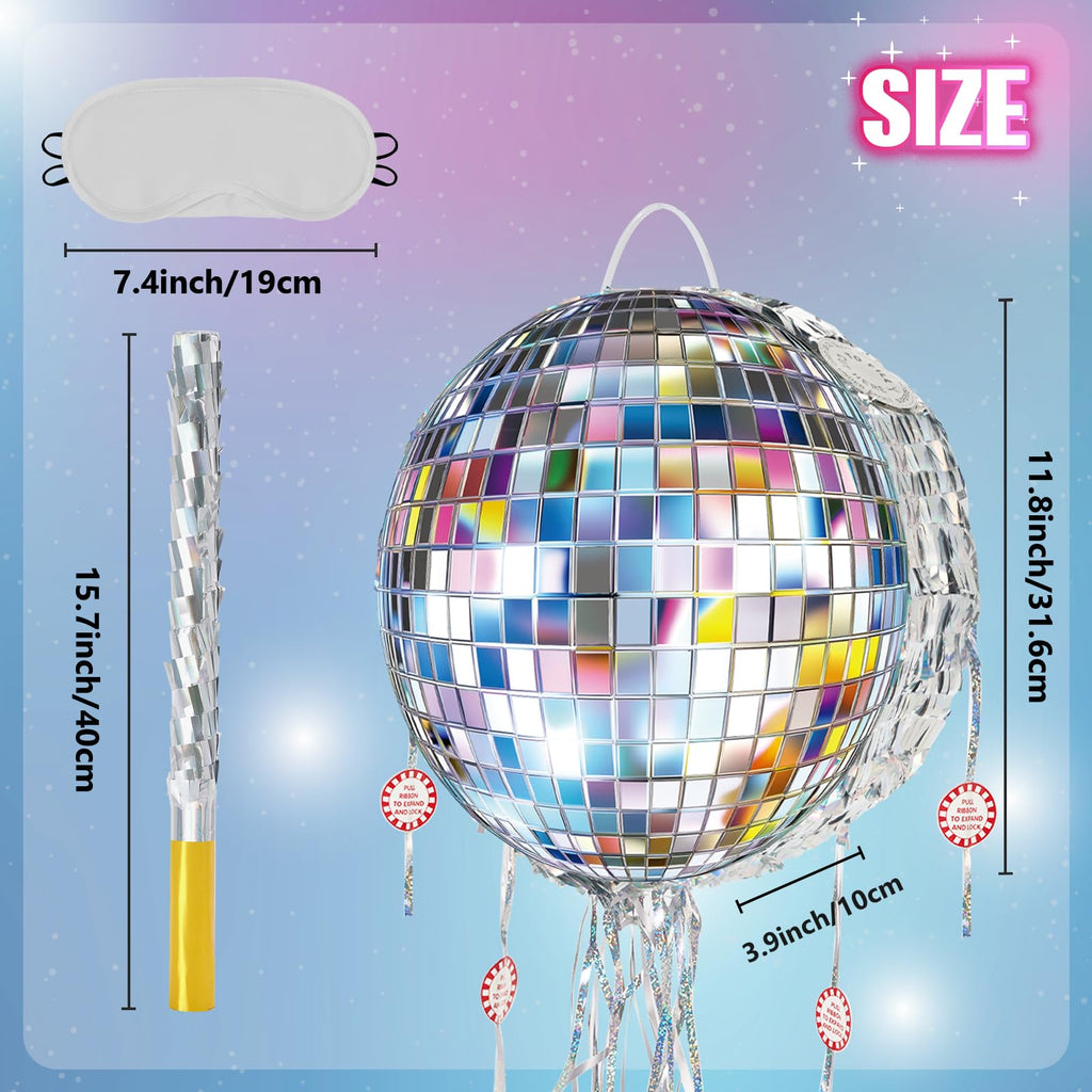WERNNSAI Disco Ball Pinata – Mirror Pinata for Disco Parties with Pull String, Bat & Eye Mask