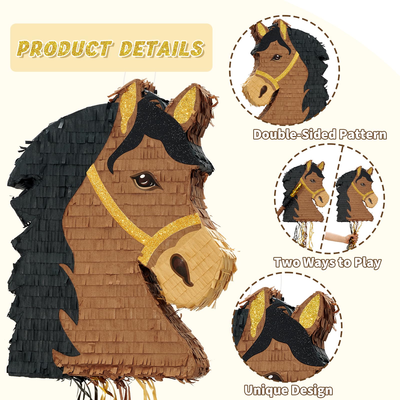 WERNNSAI Horse Piñata – Brown Horse Party Decor with Blindfold & Bat