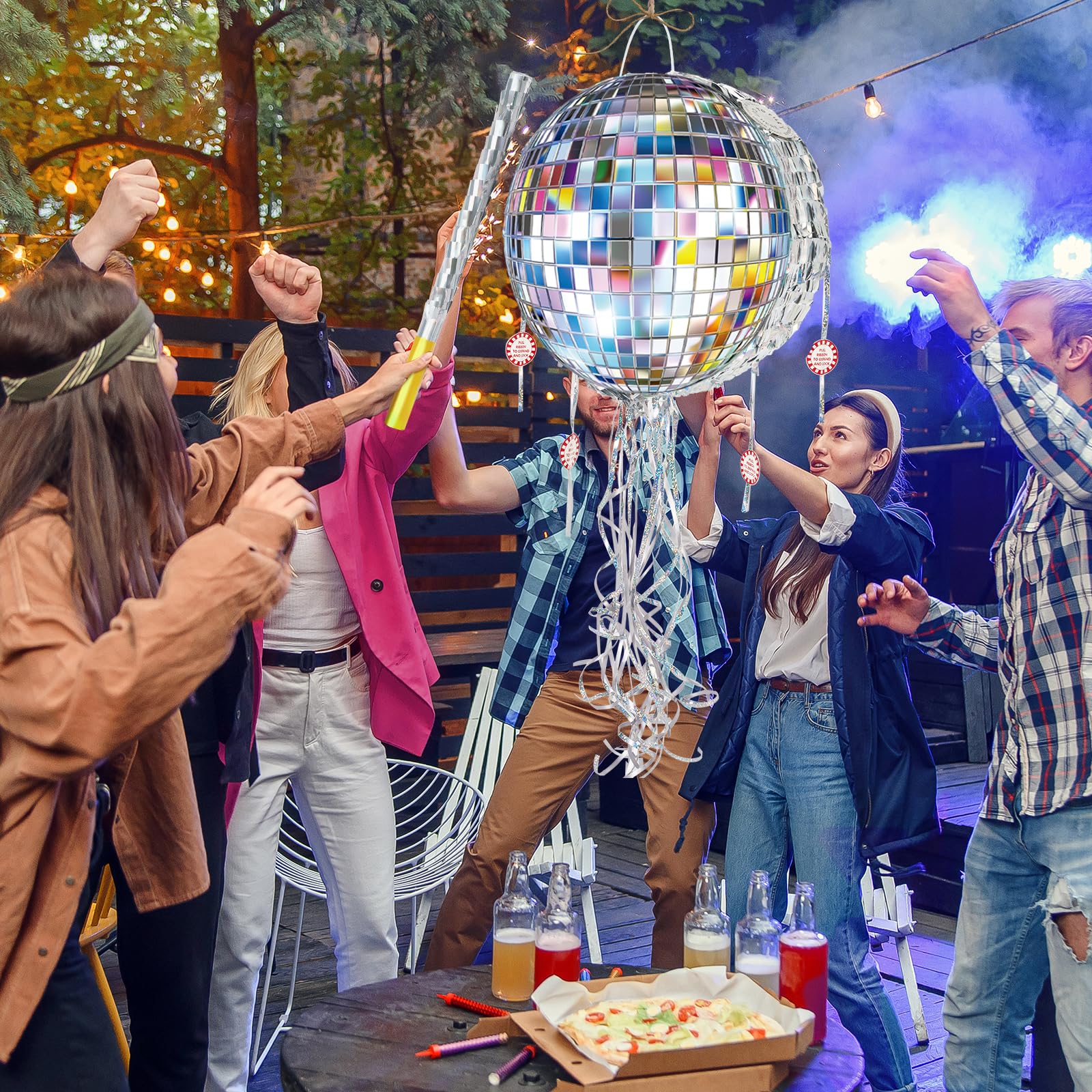 WERNNSAI Disco Ball Pinata – Mirror Pinata for Disco Parties with Pull String, Bat & Eye Mask