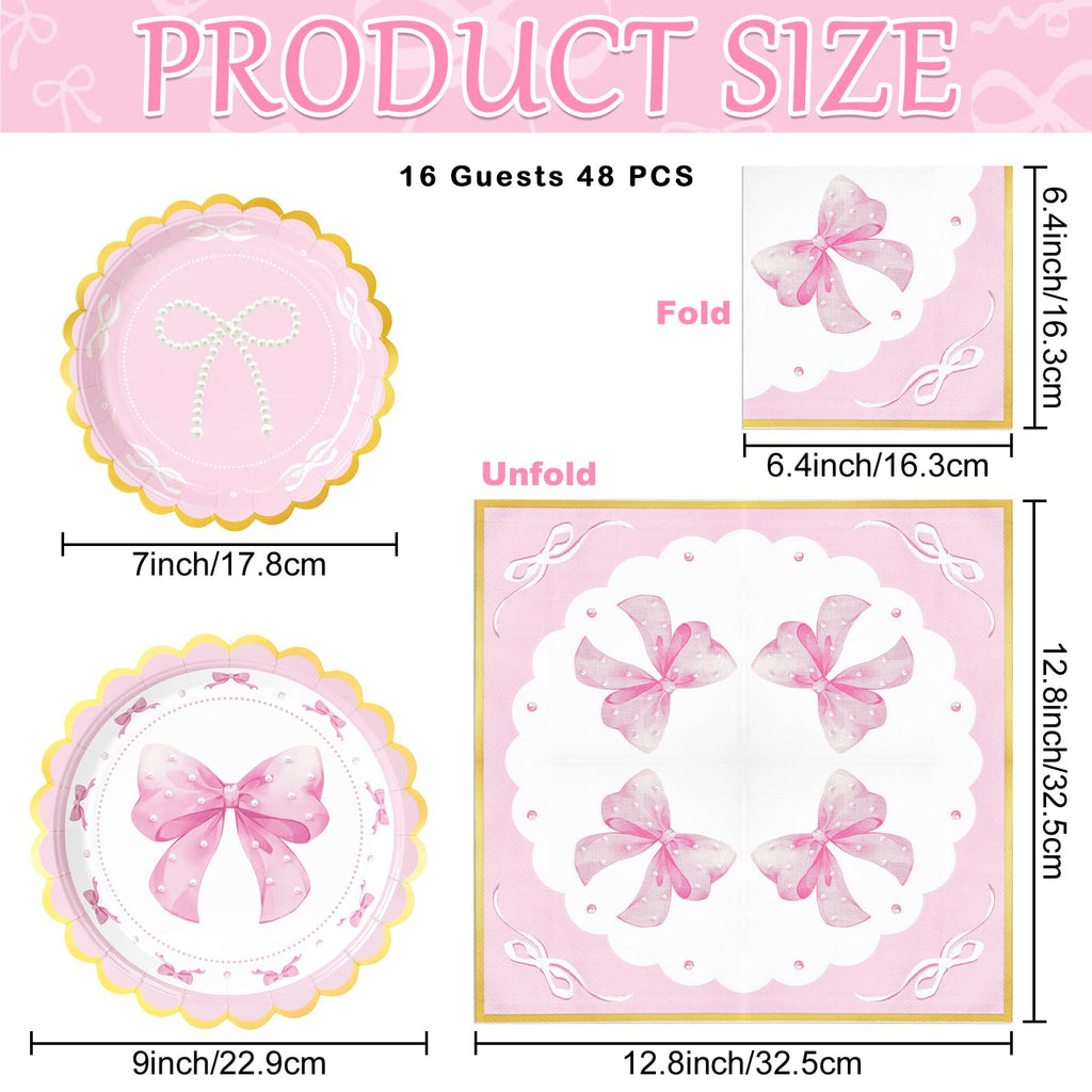 WERNNSAI Pink Bow Birthday Decorations – 48-Piece Plates & Napkins for 16