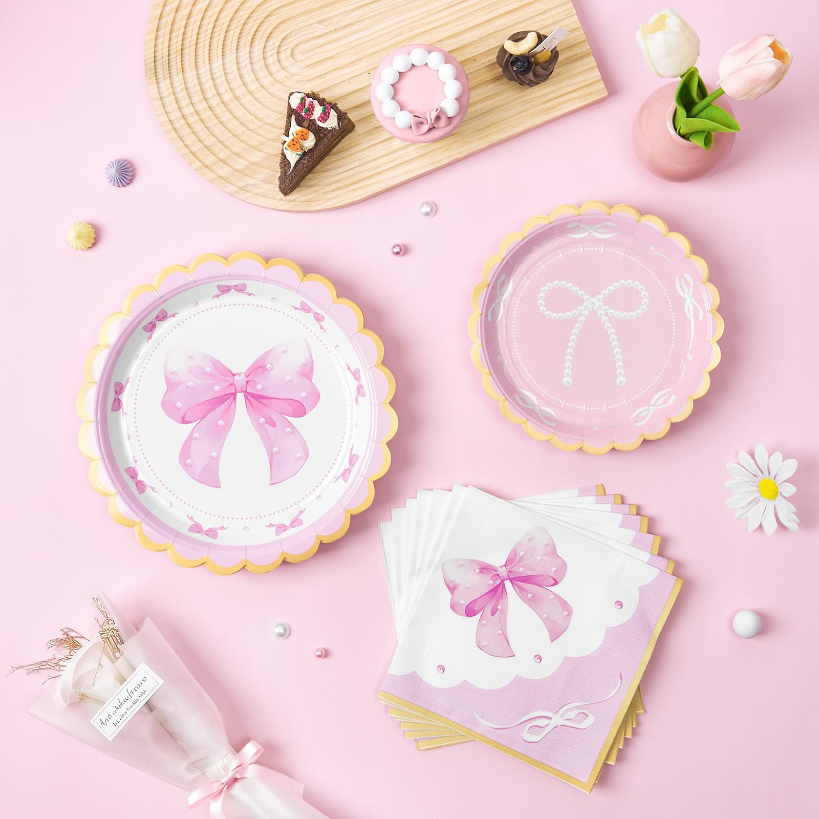 WERNNSAI Pink Bow Birthday Decorations – 48-Piece Plates & Napkins for 16