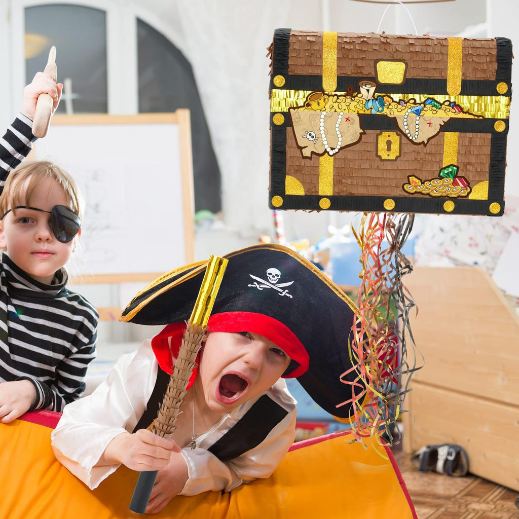 WERNNSAI Treasure Chest Piñata – Pirate Theme Pull-String Piñata with Bat & Blindfold