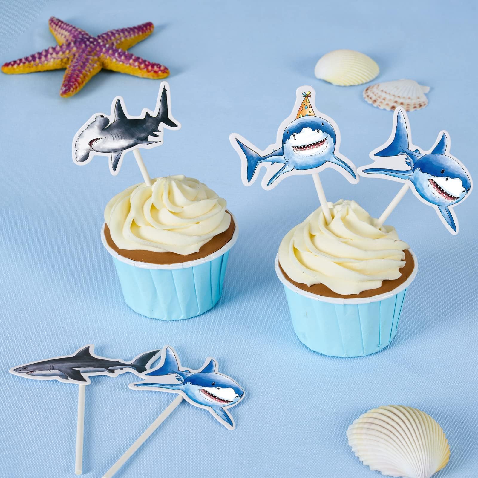 WERNNSAI 36 PCS Shark Cupcake Toppers – Ocean Birthday Party Decorations