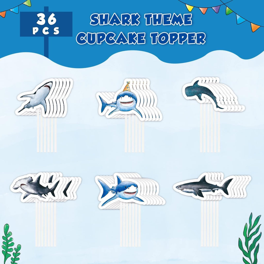 WERNNSAI 36 PCS Shark Cupcake Toppers – Ocean Birthday Party Decorations