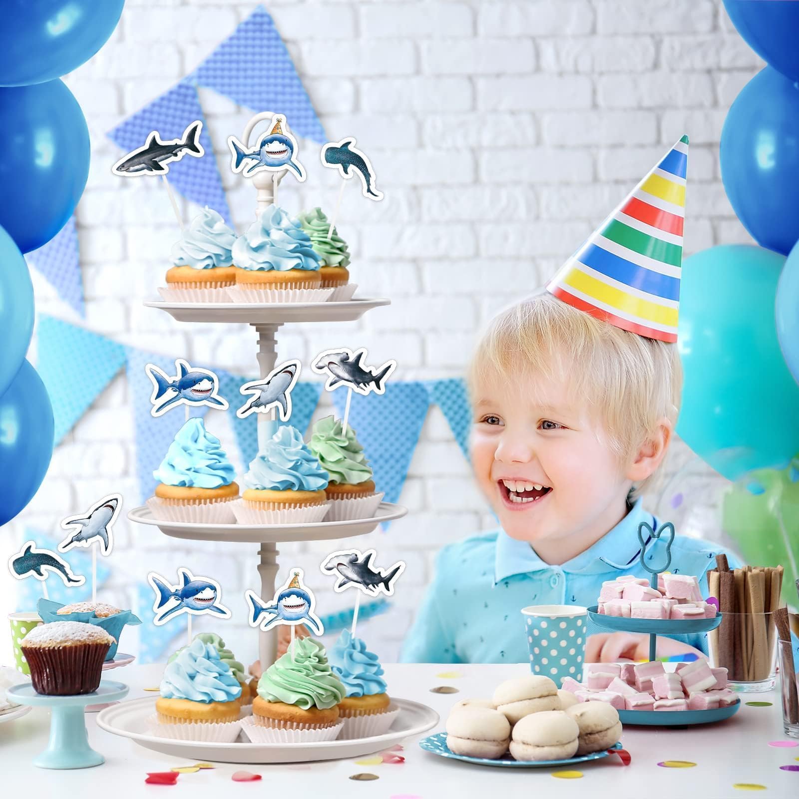 WERNNSAI 36 PCS Shark Cupcake Toppers – Ocean Birthday Party Decorations