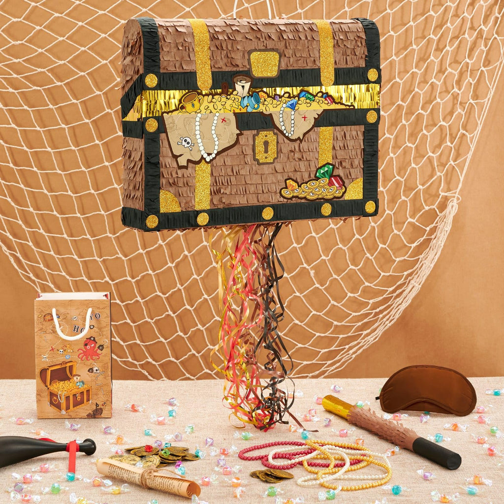 WERNNSAI Treasure Chest Piñata – Pirate Theme Pull-String Piñata with Bat & Blindfold
