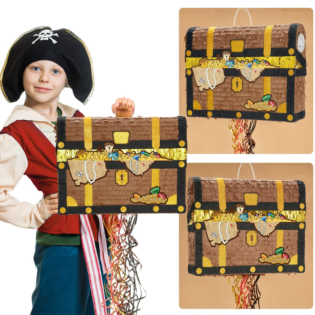 WERNNSAI Treasure Chest Piñata – Pirate Theme Pull-String Piñata with Bat & Blindfold