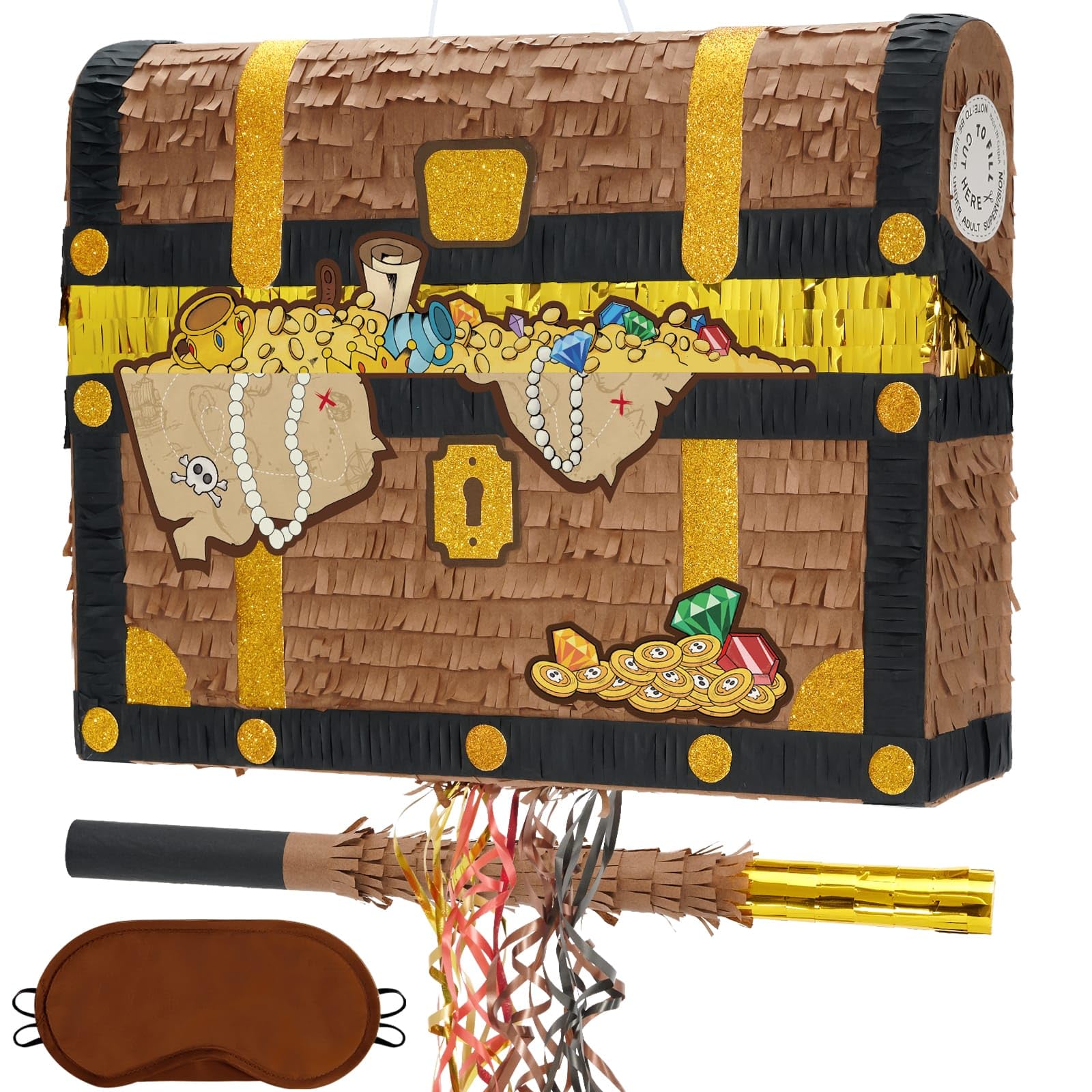 WERNNSAI Treasure Chest Piñata – Pirate Theme Pull-String Piñata with Bat & Blindfold