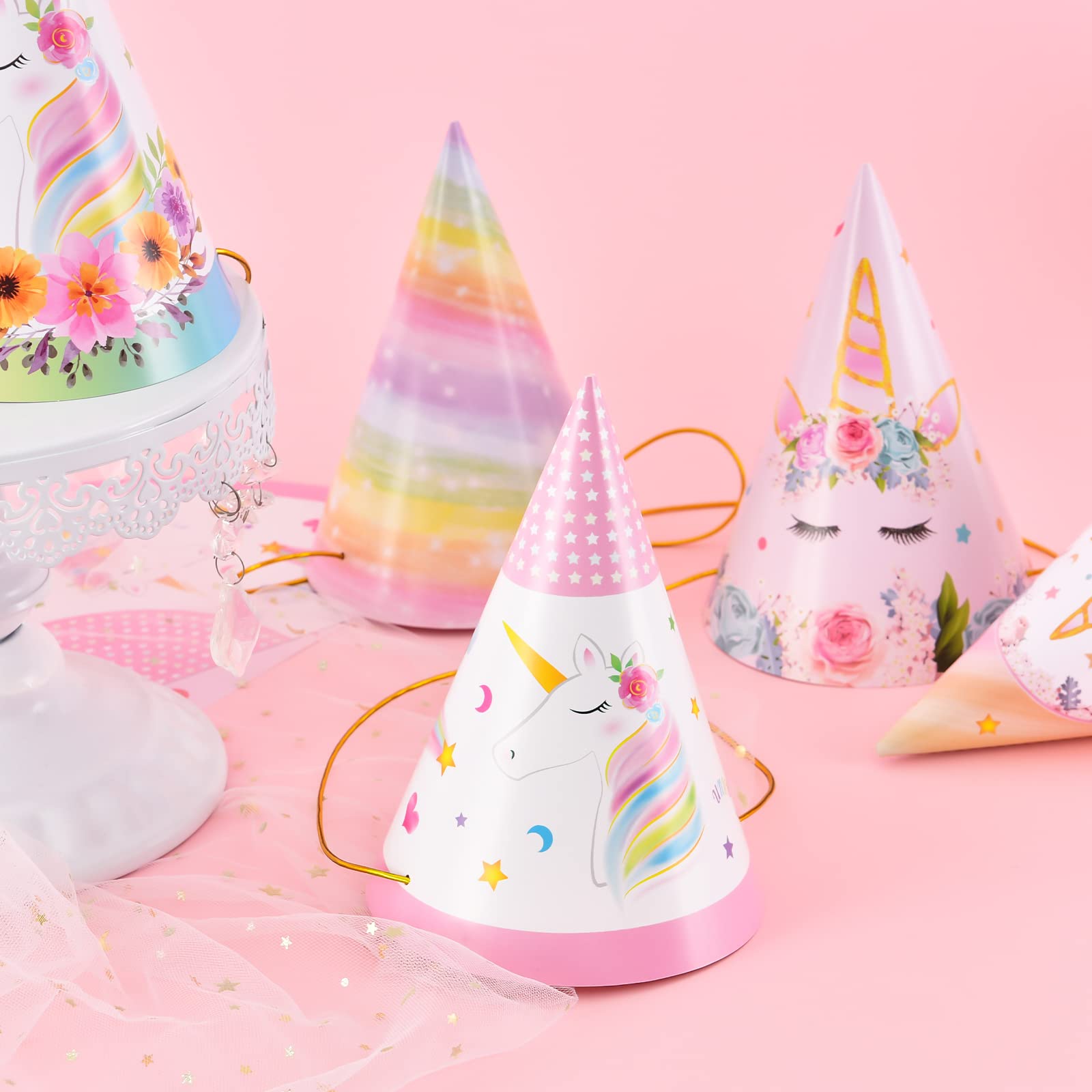 WERNNSAI Einhorn Partyhüte – 12 bunte Kegel-Stirnbänder für Kinder