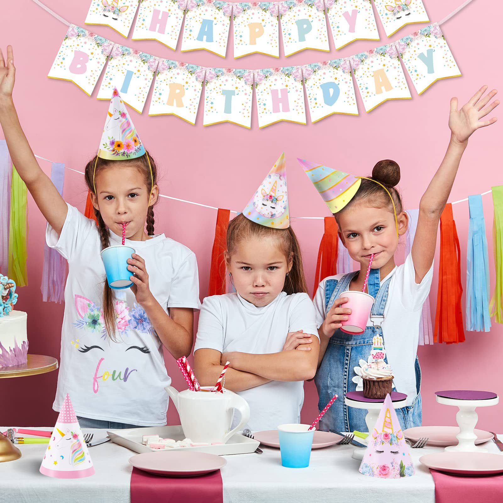 WERNNSAI Einhorn Partyhüte – 12 bunte Kegel-Stirnbänder für Kinder
