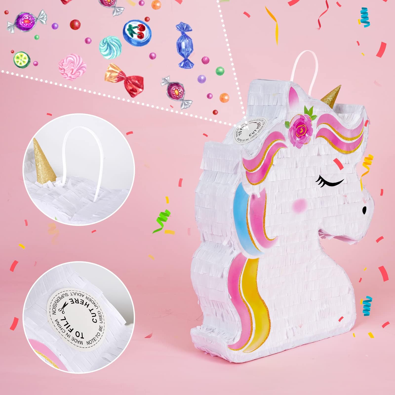 WERNNSAI Unicorn Piñata Bundle – Rainbow Unicorn Party Supplies with Blindfold & Bat (15.7 x 12.2 x 3.1 in)