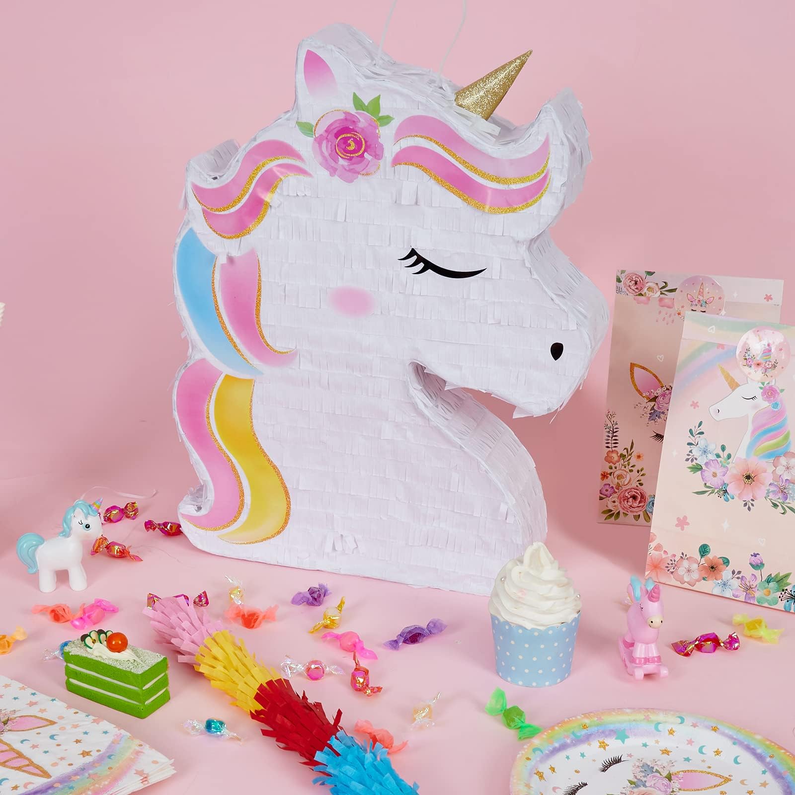 WERNNSAI Unicorn Piñata Bundle – Rainbow Unicorn Party Supplies with Blindfold & Bat (15.7 x 12.2 x 3.1 in)